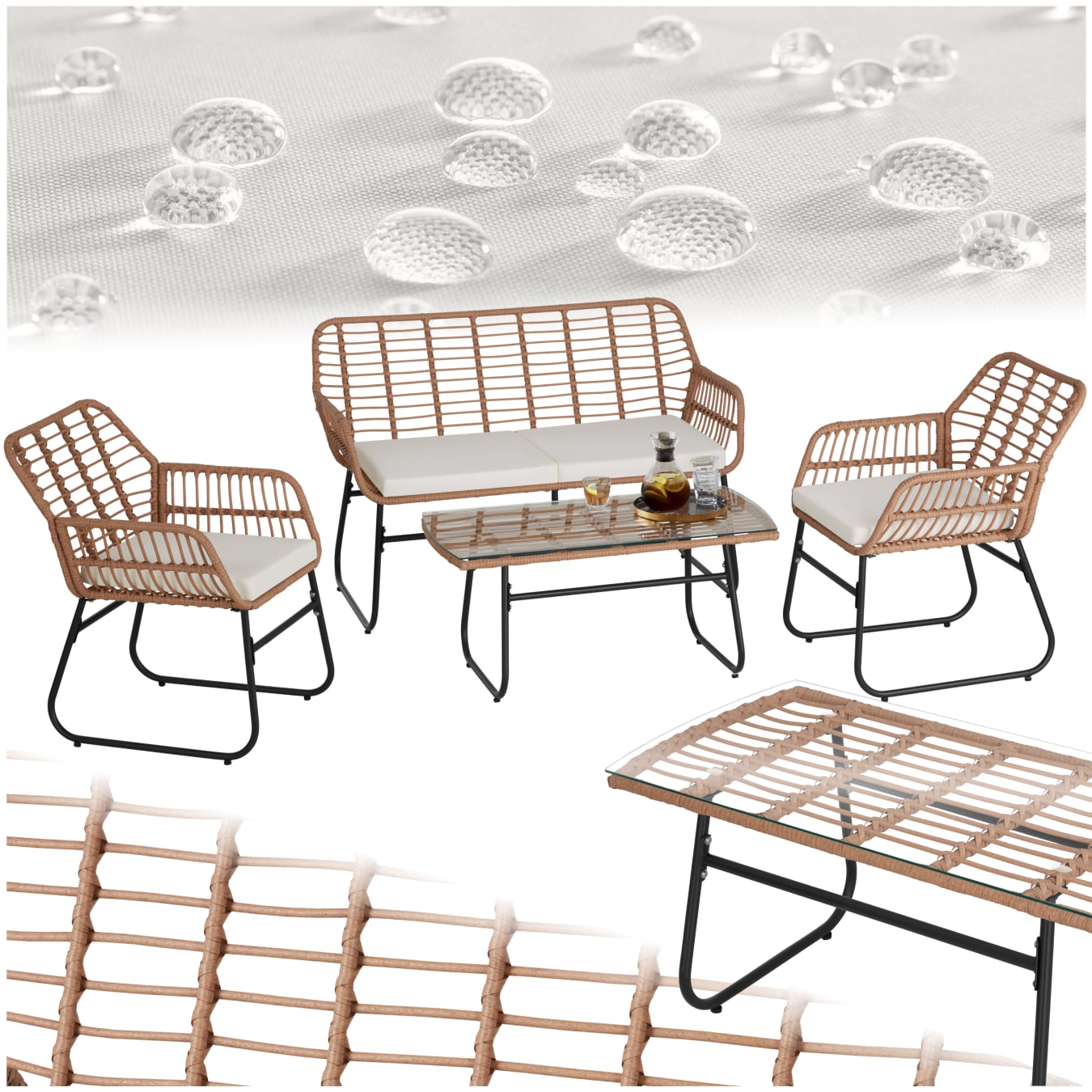 tectake&reg; Rattan Sitzgruppe, f&uuml;r 4 Personen, wetterfestes Rattangeflecht, h&ouml;henverstellbare Kunststofff&uuml;&szlig;e 