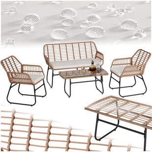 tectake® Rattan Sitzgruppe, für 4 Personen, wetterfestes Rattangeflecht, höhenverstellbare Kunststofffüße 