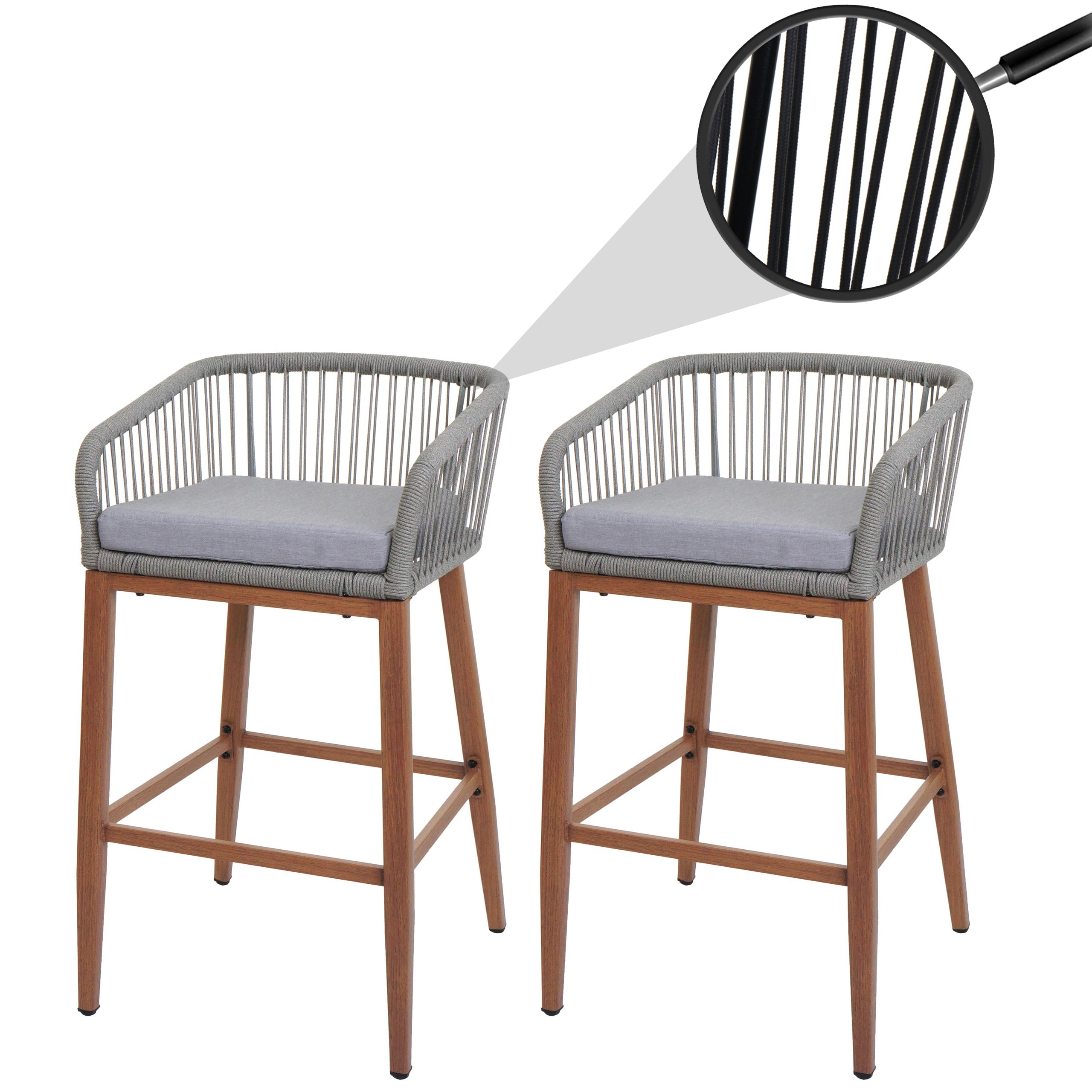 2er-Set Rope-Barhocker MCW-O22, Outdoor Sitzpolster Seilgeflecht Metall Holz-Optik ~ hellgrau, Kissen hellgrau 