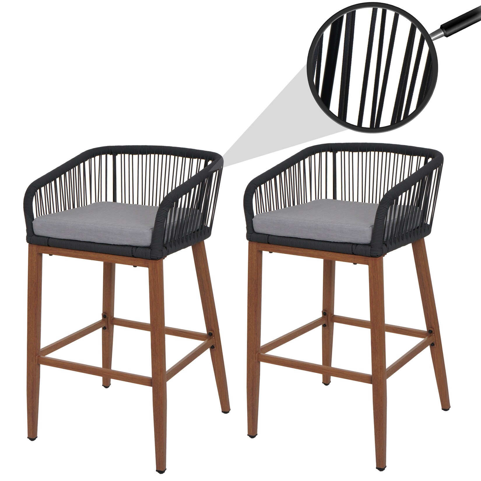 2er-Set Rope-Barhocker -O22, Outdoor Sitzpolster Seilgeflecht Metall Holz-Optik ~ anthrazit, Kissen hellgrau