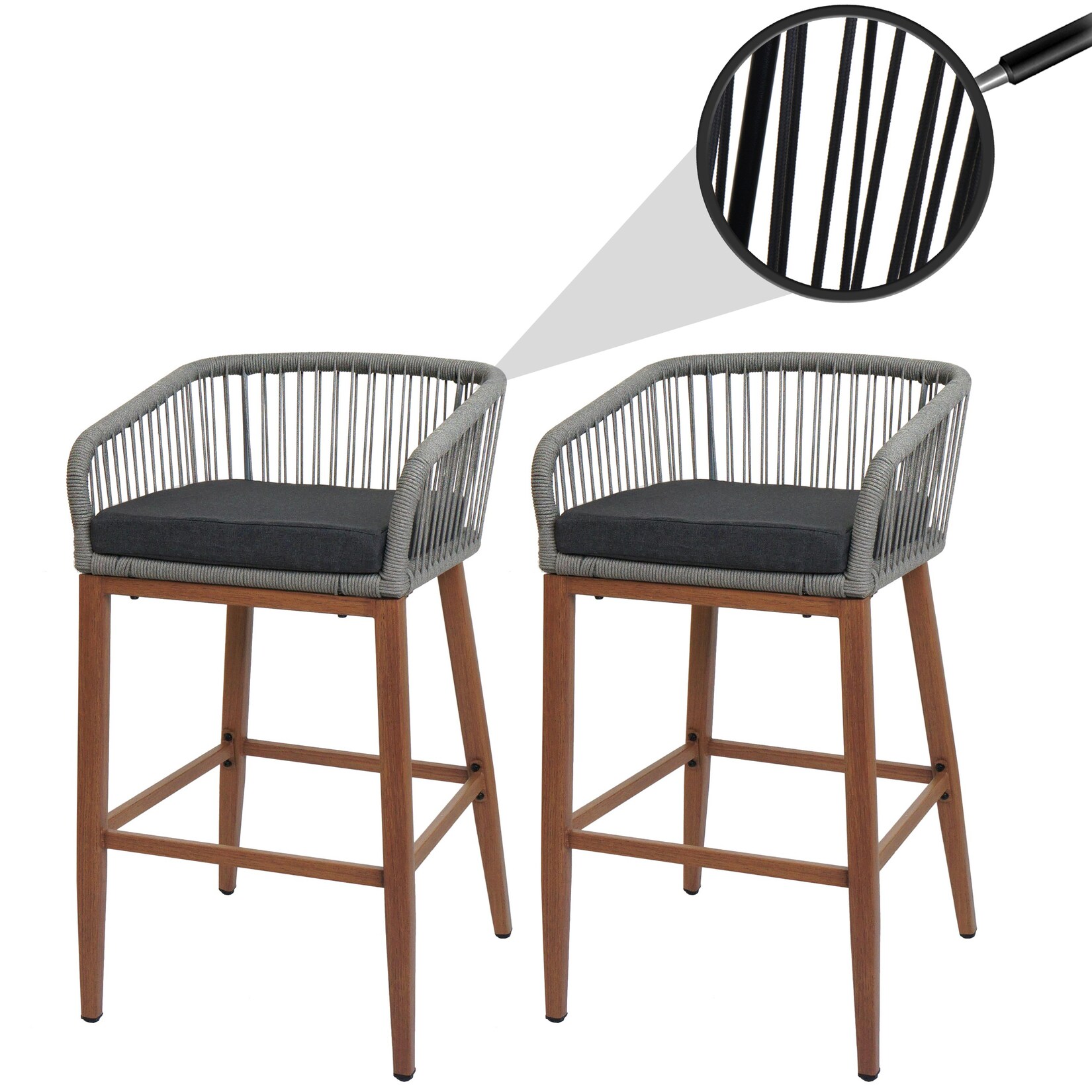 2er-Set Rope-Barhocker -O22, Outdoor Sitzpolster Seilgeflecht Metall Holz-Optik ~ hellgrau, Kissen dunkelgrau