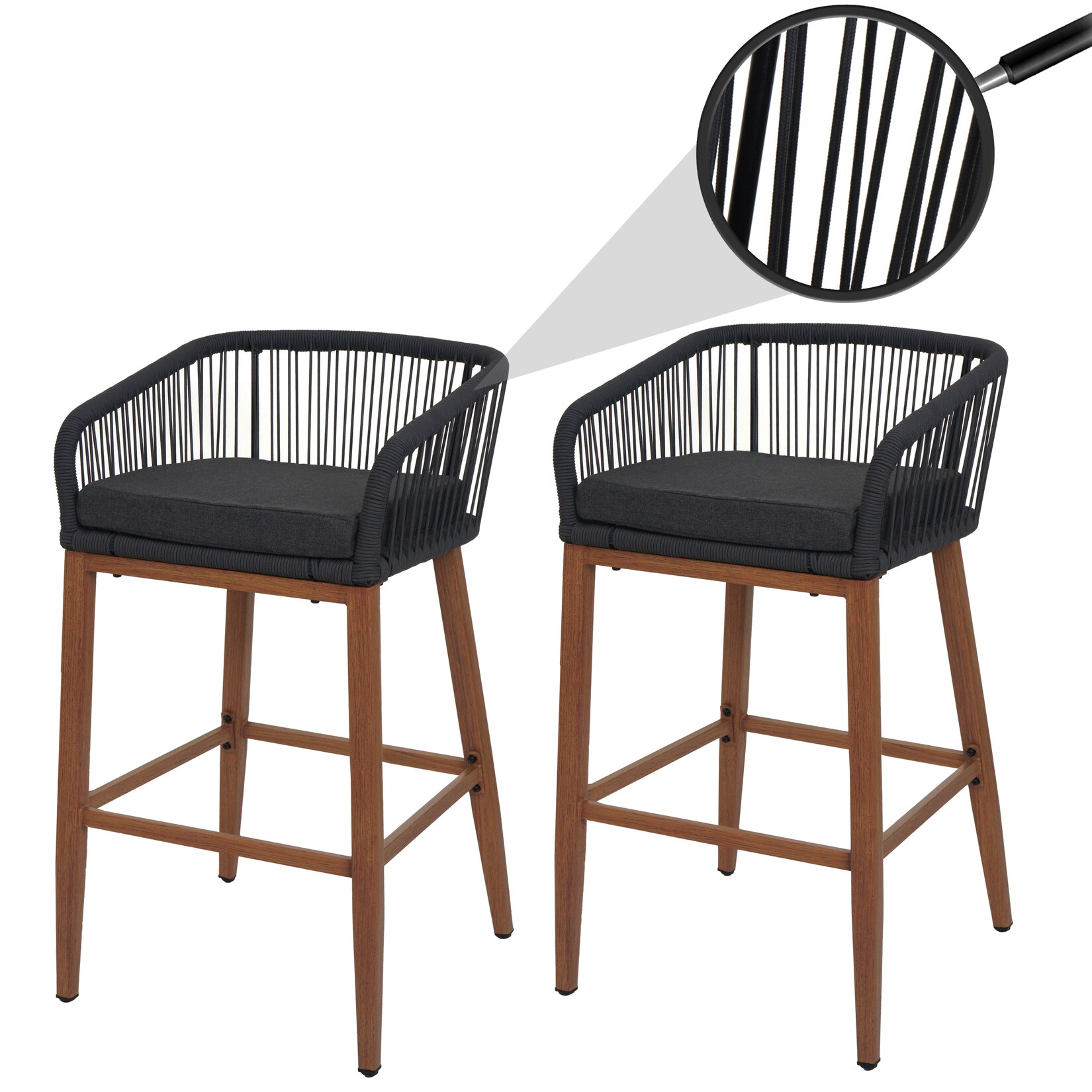 2er-Set Rope-Barhocker -O22, Outdoor Sitzpolster Seilgeflecht Metall Holz-Optik ~ anthrazit, Kissen dunkelgrau