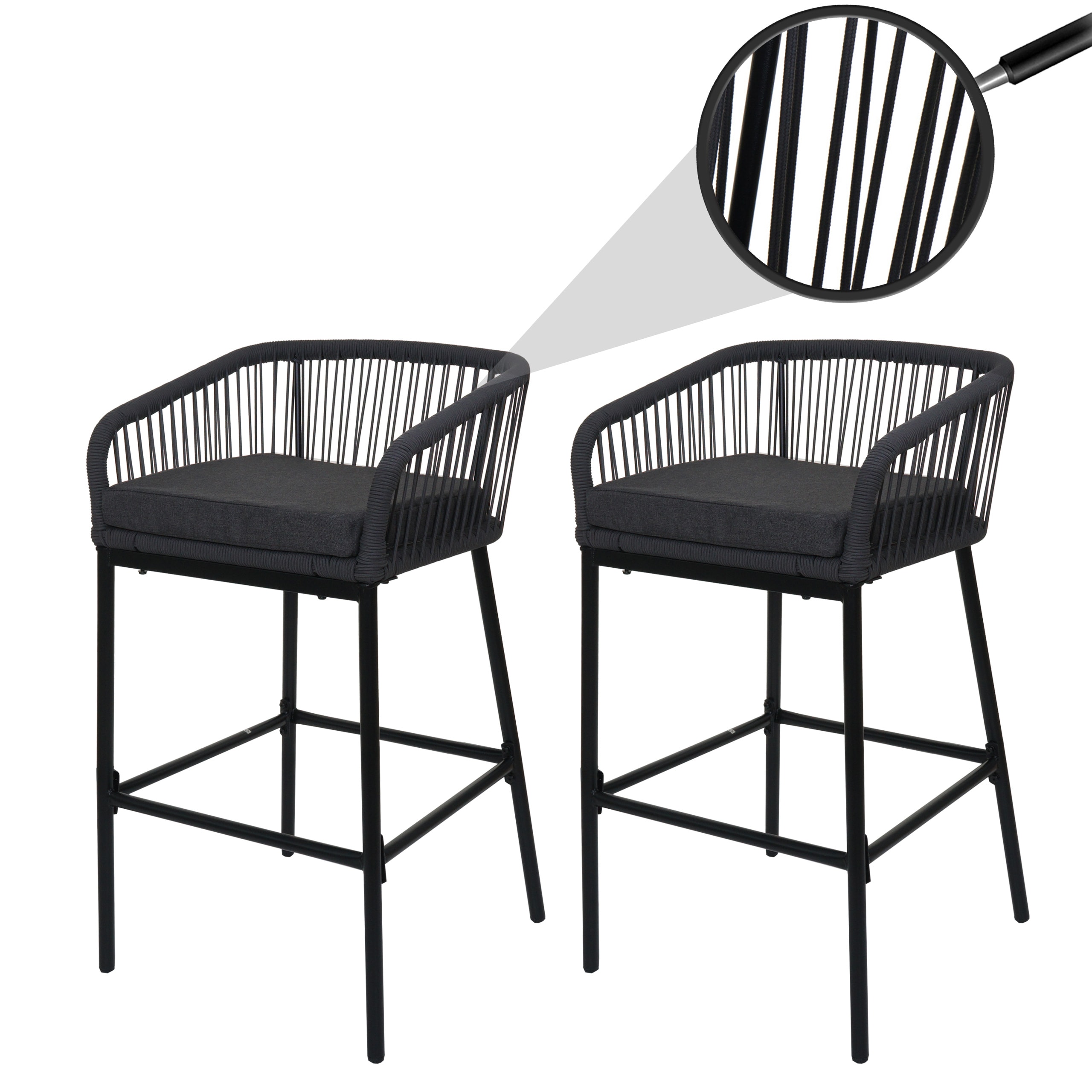 2er-Set Rope-Barhocker MCW-O22, Tresenhocker, Outdoor Sitzpolster Seilgeflecht Metall ~ anthrazit, Kissen dunkelgrau 
