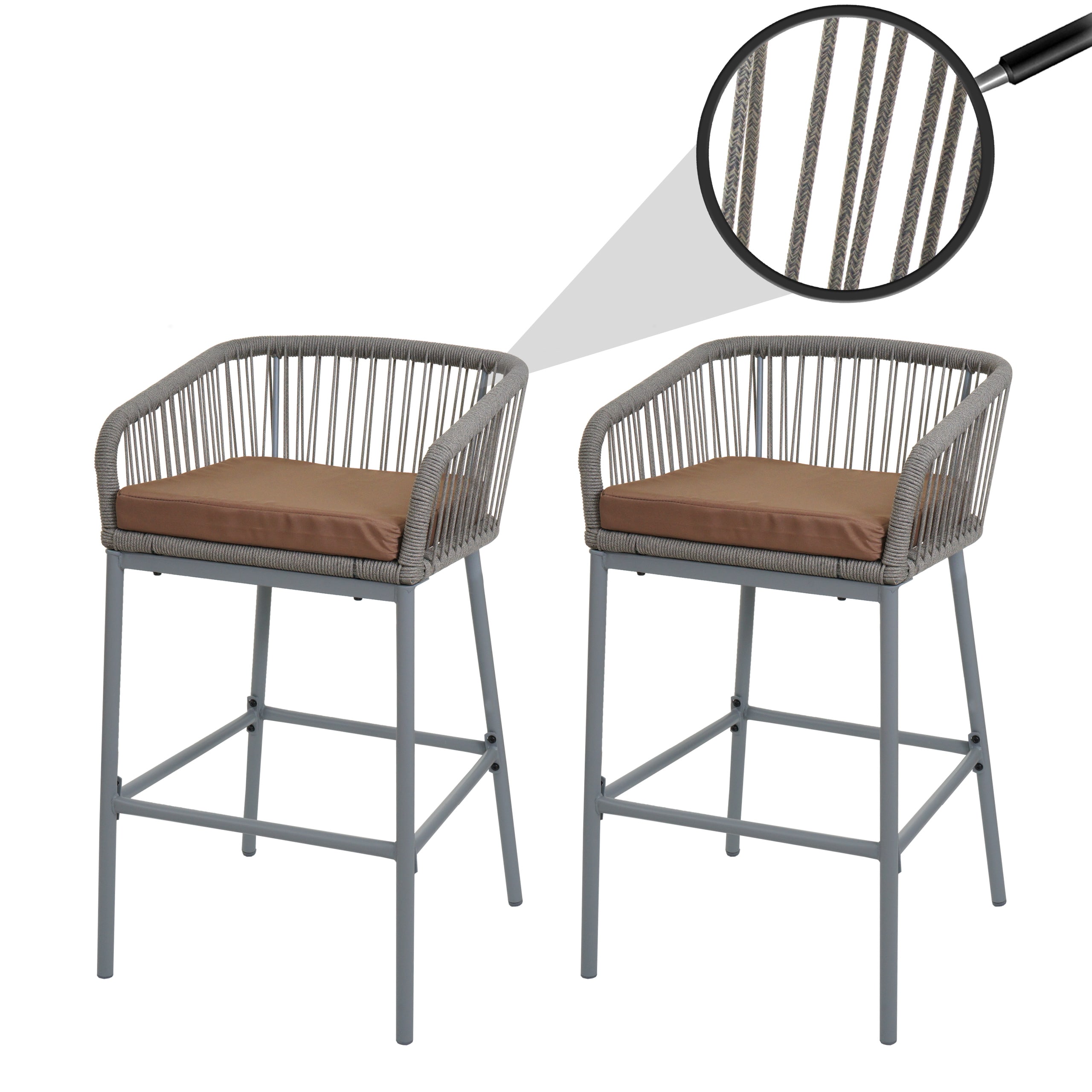 2er-Set Rope-Barhocker MCW-O22, Tresenhocker, Outdoor Sitzpolster Seilgeflecht Metall ~ hellgrau, Kissen taupe 
