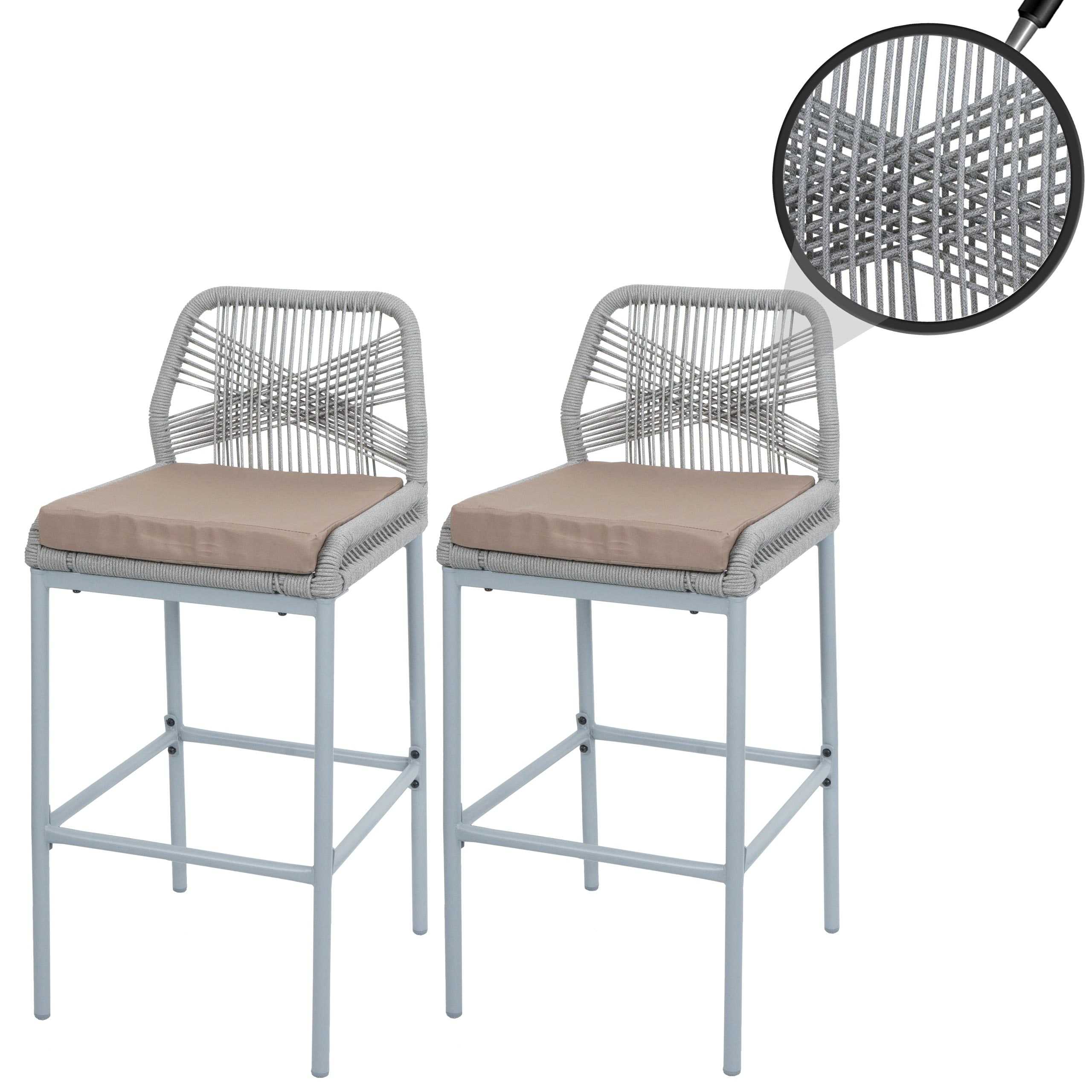 2er-Set Rope-Barhocker MCW-O21, Outdoor Sitzpolster Seilgeflecht Metall ~ hellgrau, Kissen taupe 