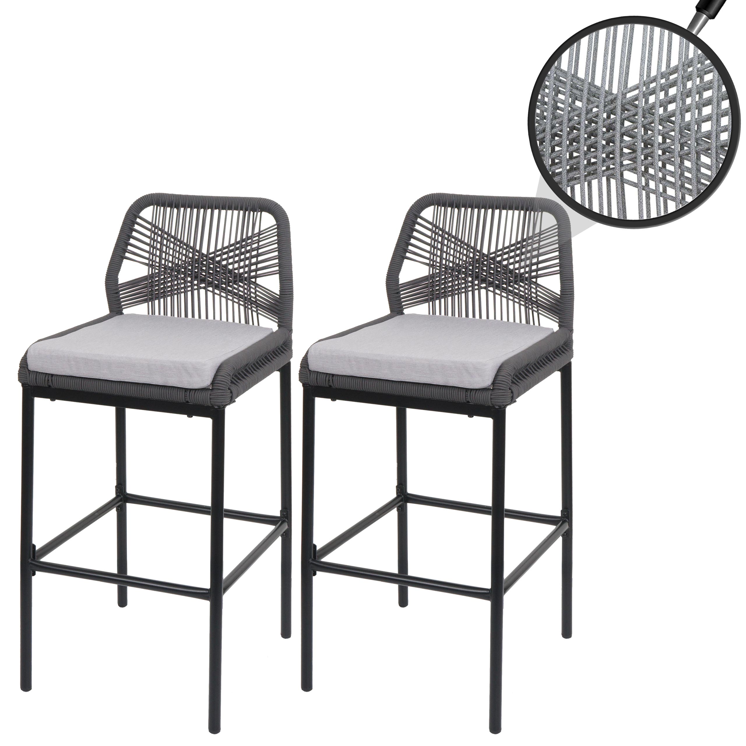 2er-Set Rope-Barhocker MCW-O21, Outdoor Sitzpolster Seilgeflecht Metall ~ anthrazit, Kissen hellgrau 