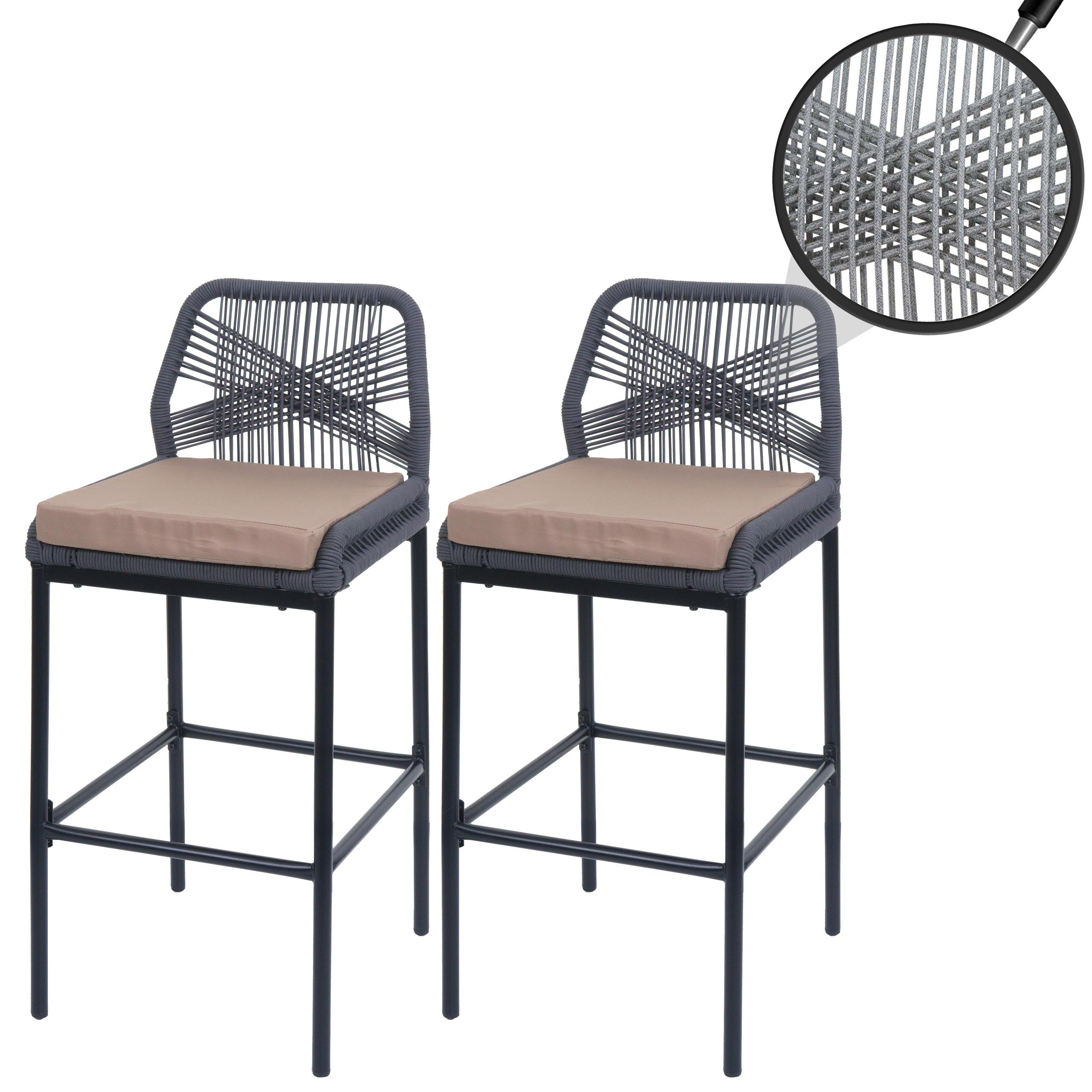 2er-Set Rope-Barhocker MCW-O21, Outdoor Sitzpolster Seilgeflecht Metall ~ anthrazit, Kissen taupe 