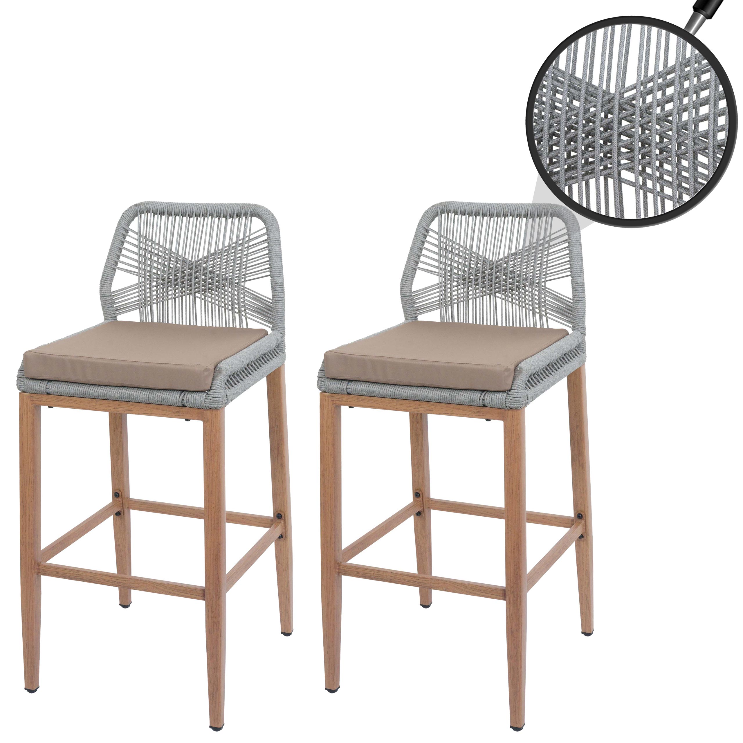 2er-Set Rope-Barhocker MCW-O21, Outdoor Sitzpolster Seilgeflecht Metall Holz-Optik ~ hellgrau, Kissen taupe 