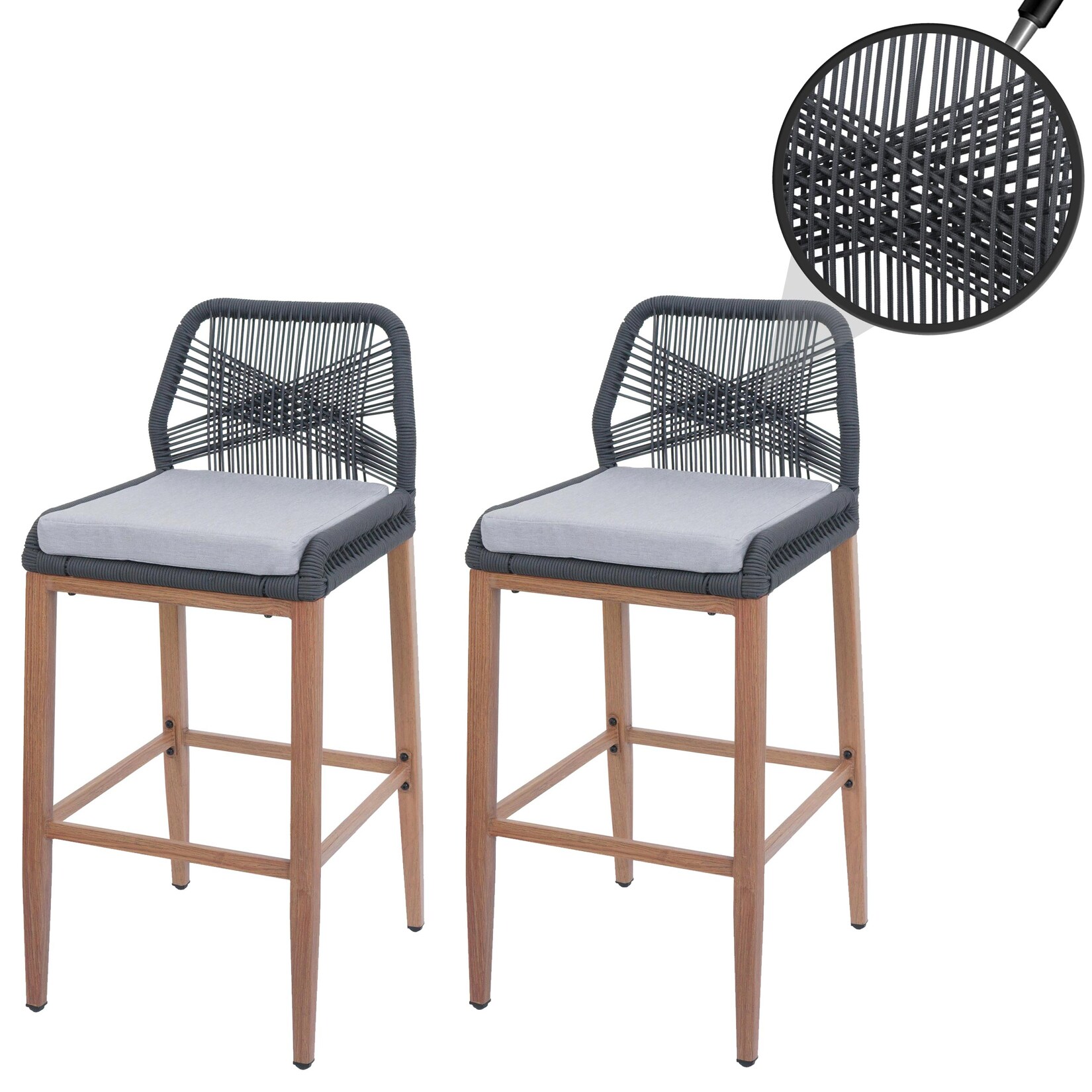2er-Set Rope-Barhocker MCW-O21, Outdoor Sitzpolster Seilgeflecht Metall Holz-Optik ~ anthrazit, Kissen hellgrau