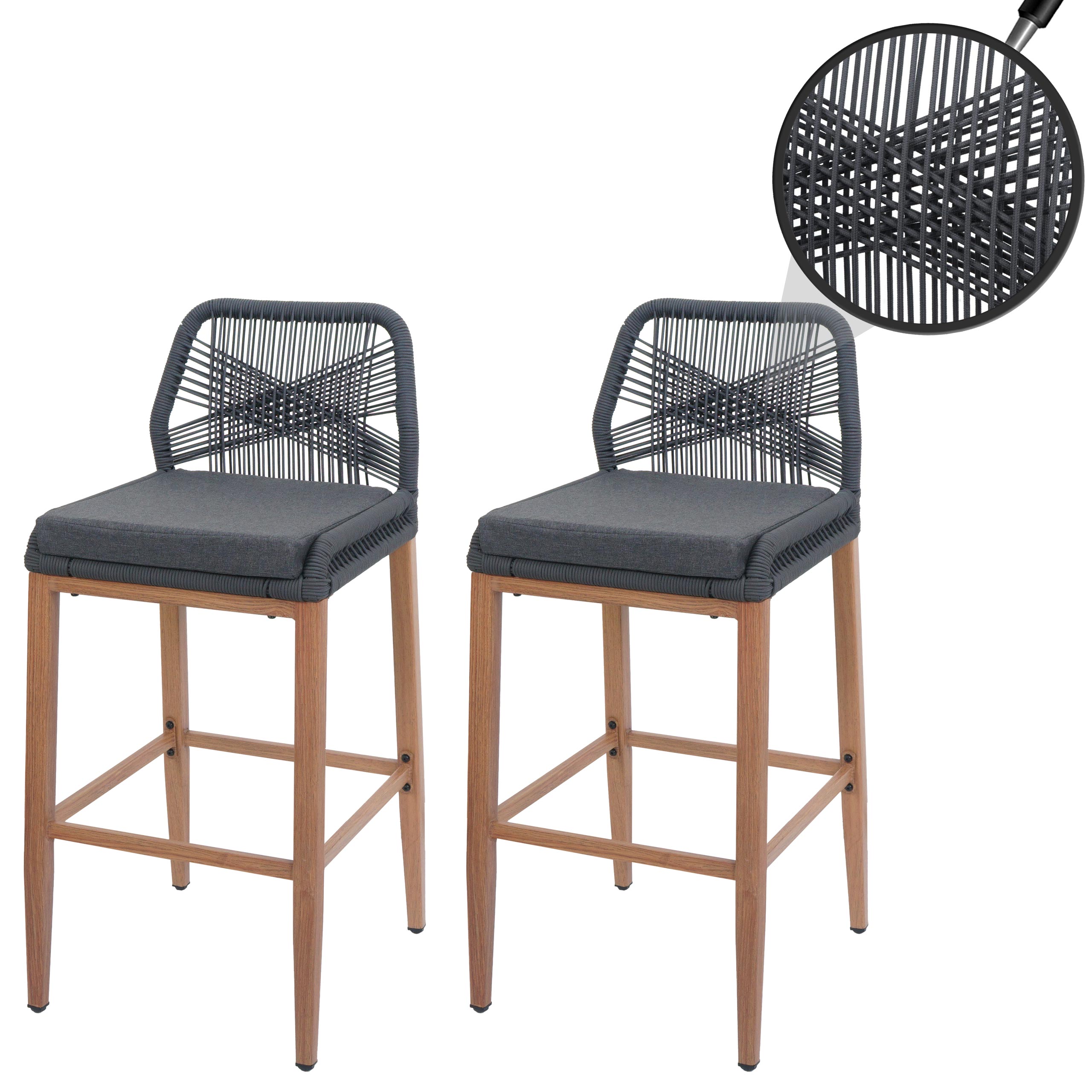 2er-Set Rope-Barhocker MCW-O21, Outdoor Sitzpolster Seilgeflecht Metall Holz-Optik ~ anthrazit, Kissen dunkelgrau 