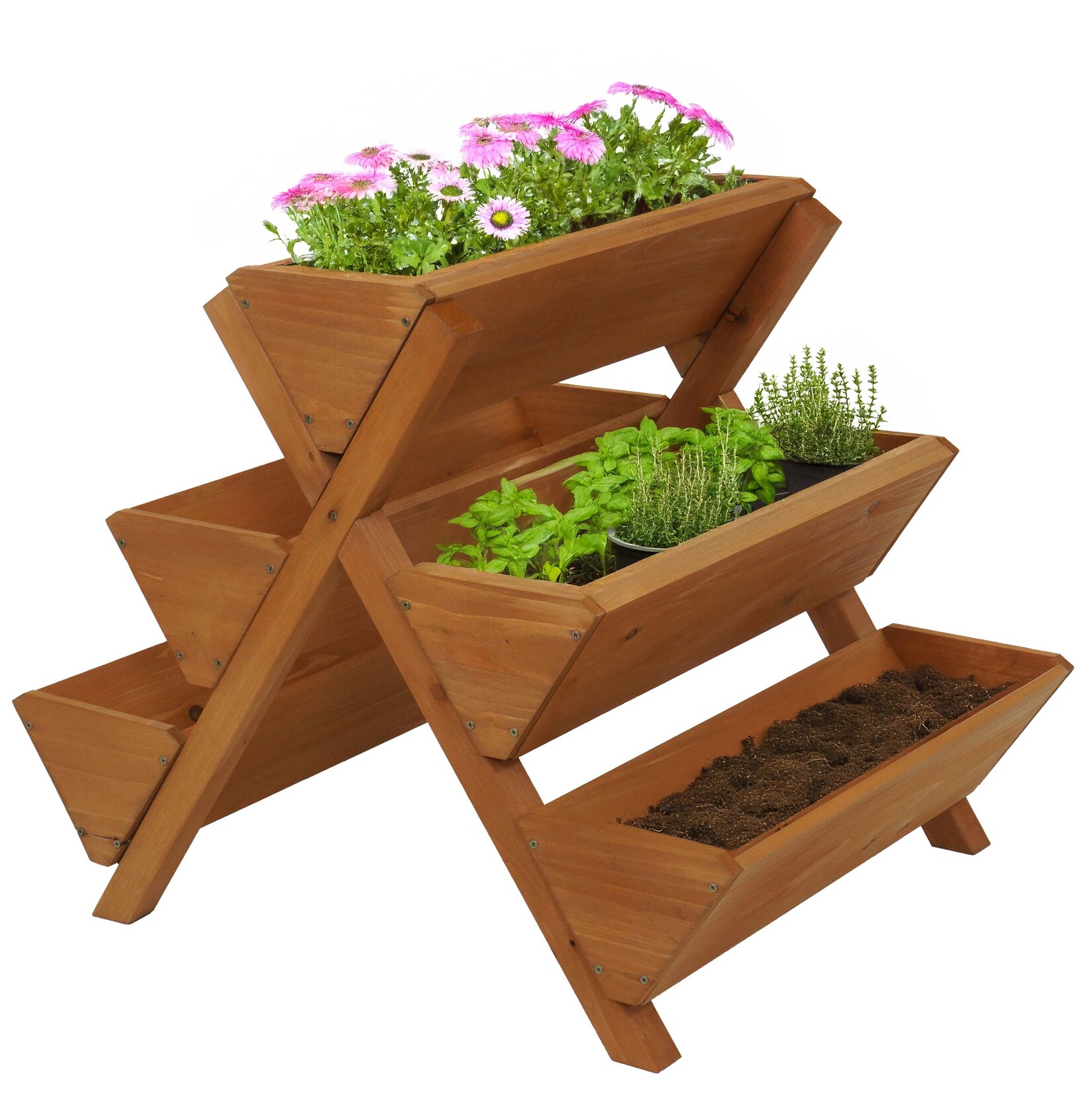 Pflanztreppe -O15, Blumenregal Kräutertreppe Pflanzkübel Hochbeet, 5 Kästen 56x56x70 Outdoor Holz MVG ~ natur