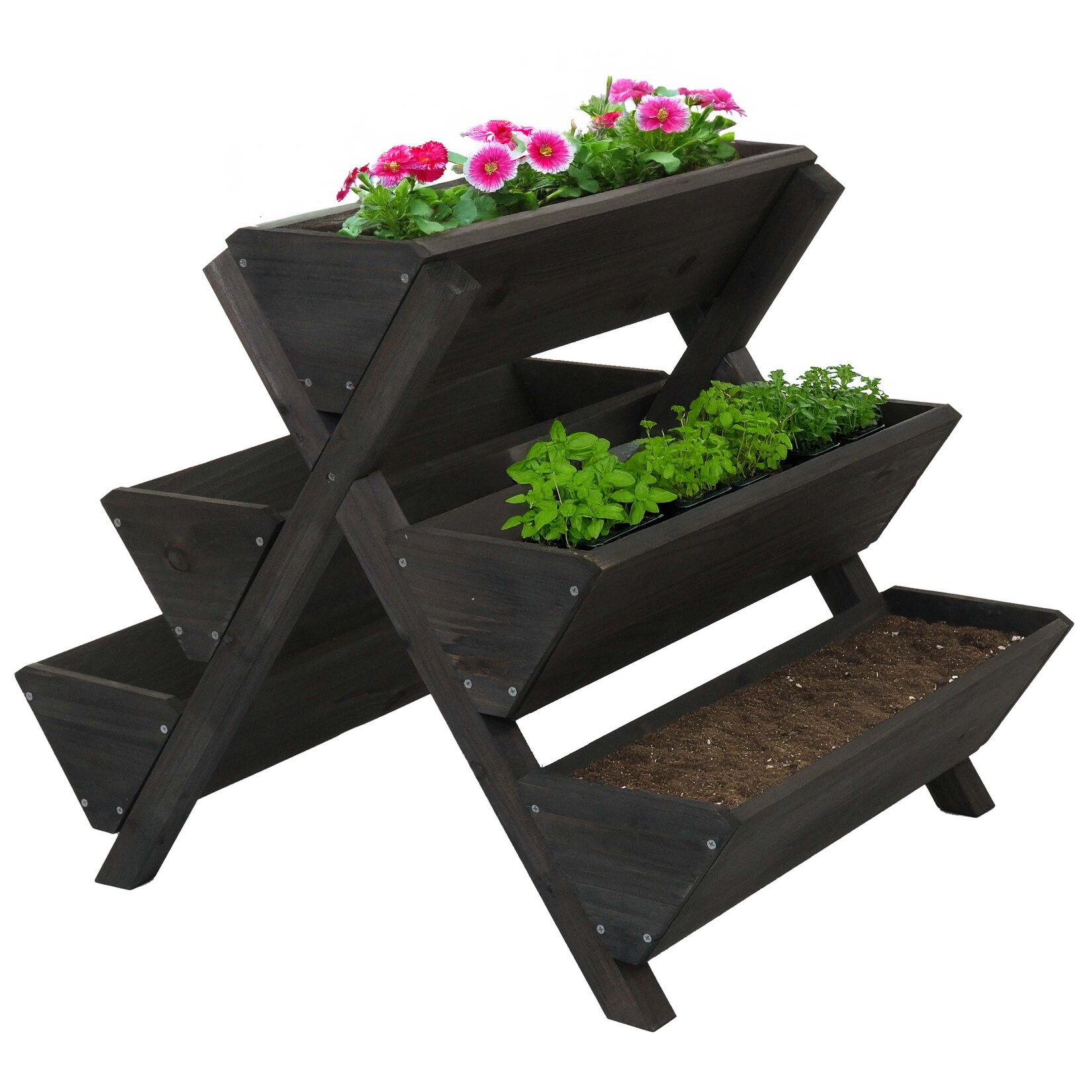 Pflanztreppe -O15, Blumenregal Kräutertreppe Pflanzkübel Hochbeet, 5 Kästen 56x56x70 Outdoor Holz MVG ~ anthrazit