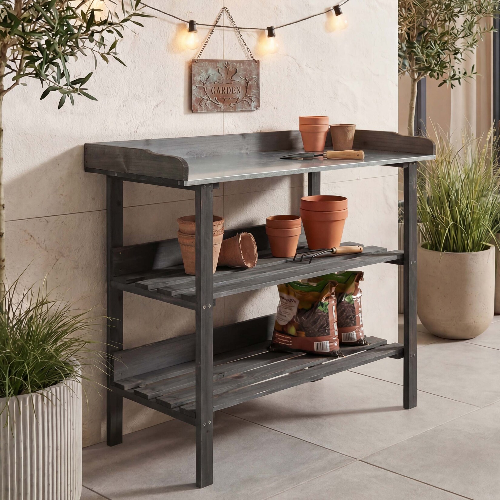 Pflanztisch -O14, Gärtnertisch Blumentisch Pflanzregal, Outdoor Holz Tanne MVG-zertifiziert, 86x92x41cm ~ anthrazit