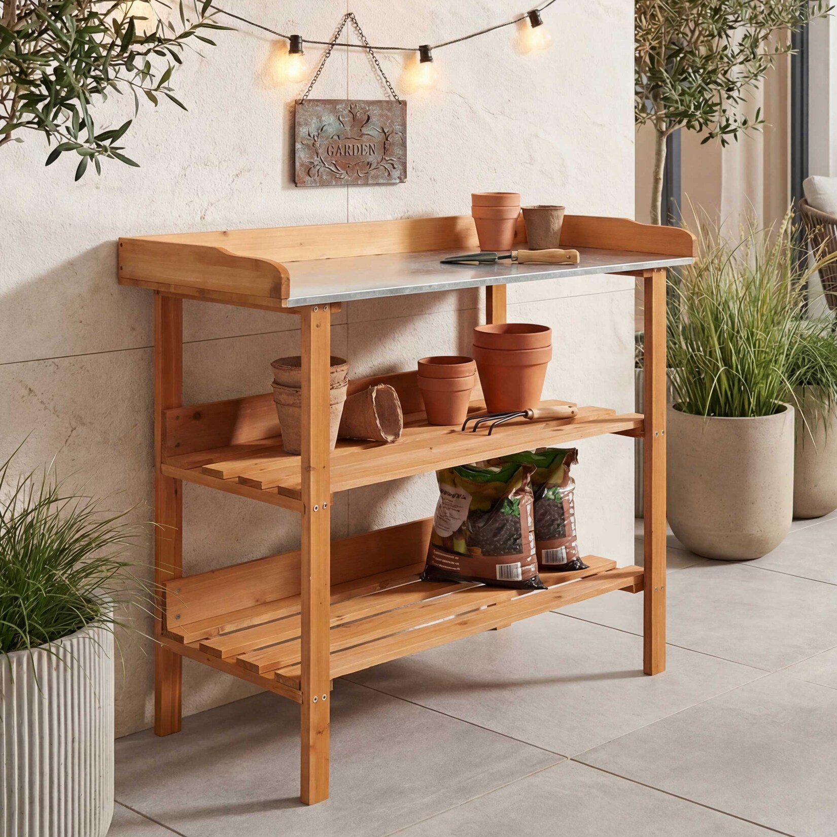 Pflanztisch -O14, Gärtnertisch Blumentisch Pflanzregal, Outdoor Holz Tanne MVG-zertifiziert, 86x92x41cm ~ natur