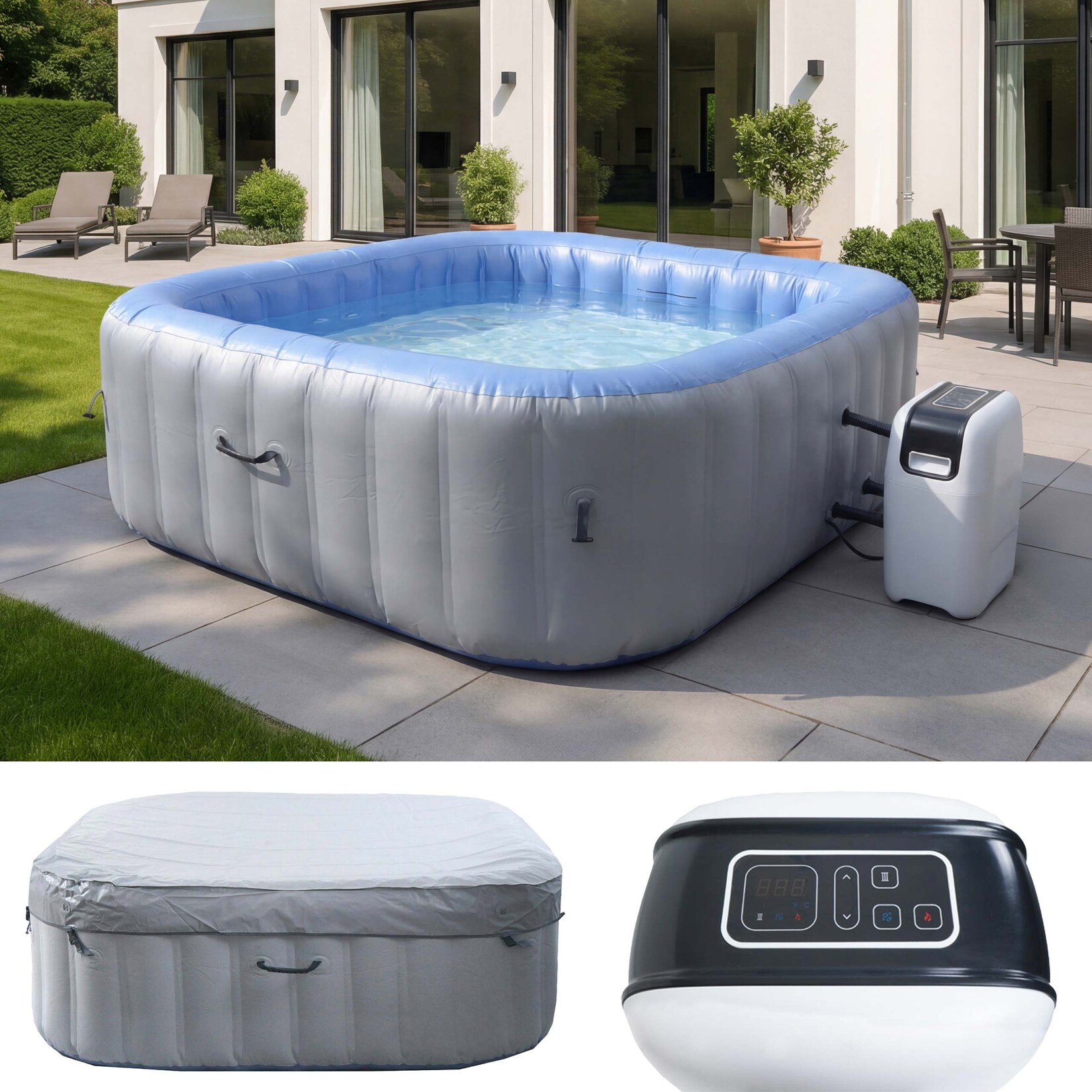 Whirlpool -N97, 6 Personen, In-/Outdoor heizbar aufblasbar Pumpe PVC laminiert, eckig 198cm grau-blau