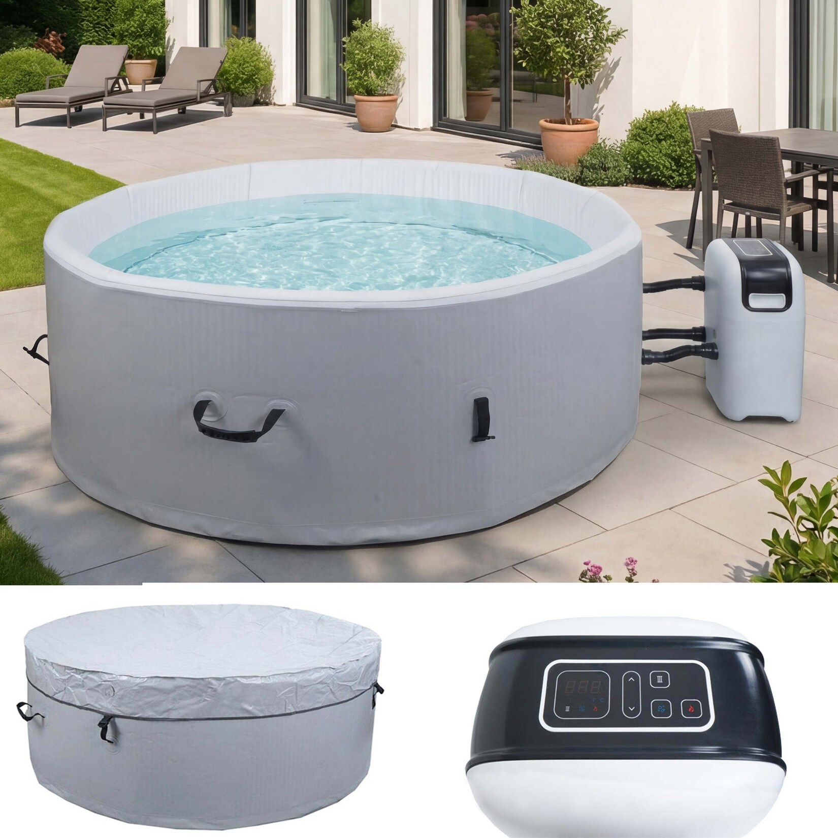 Whirlpool -N97, 5 Personen, In-/Outdoor heizbar aufblasbar Pumpe Dropstitch-Gewebe, rund Ø180cm grau-weiß