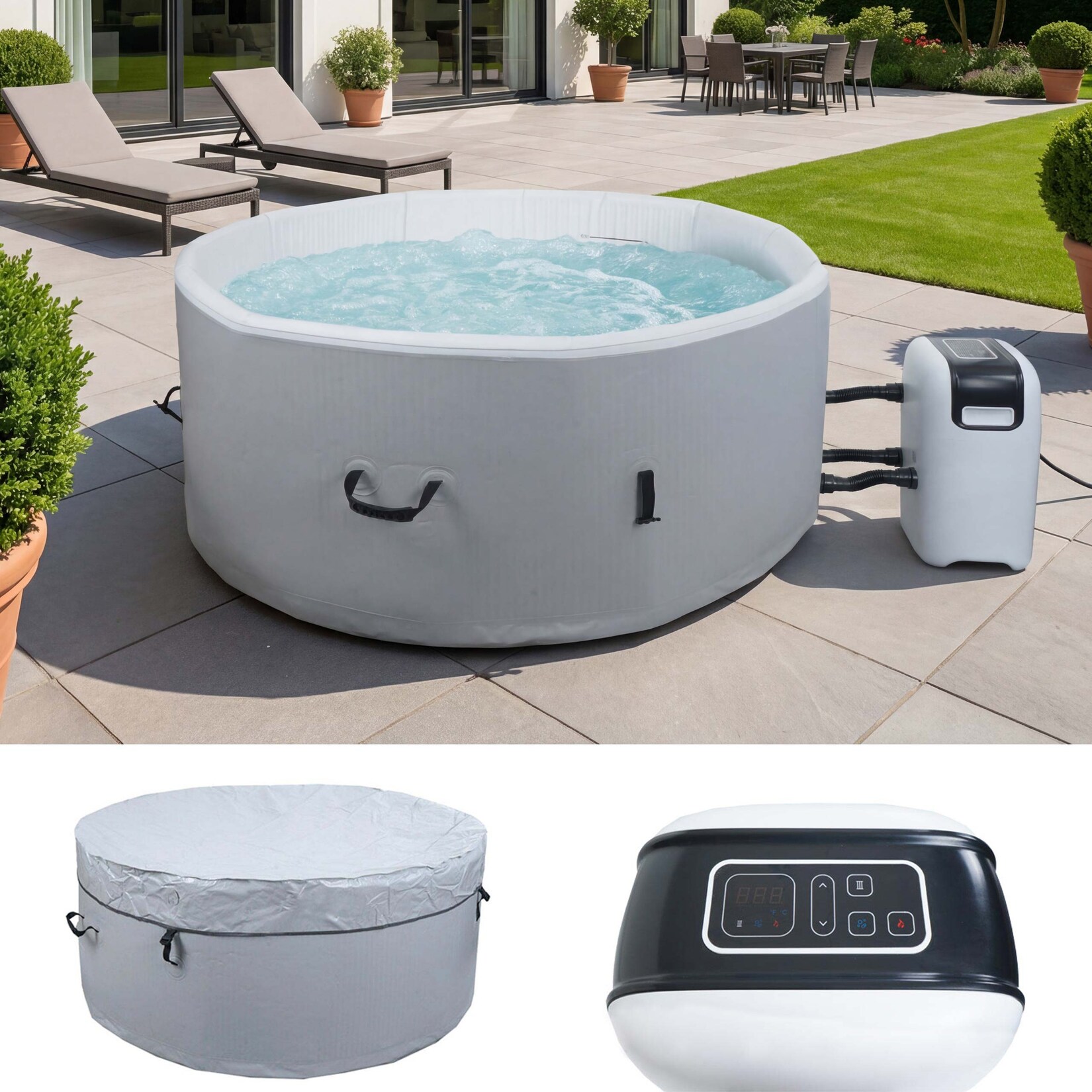Whirlpool -N97, 4 Personen, In-/Outdoor heizbar aufblasbar Pumpe Dropstitch-Gewebe, rund Ø150cm grau-weiß
