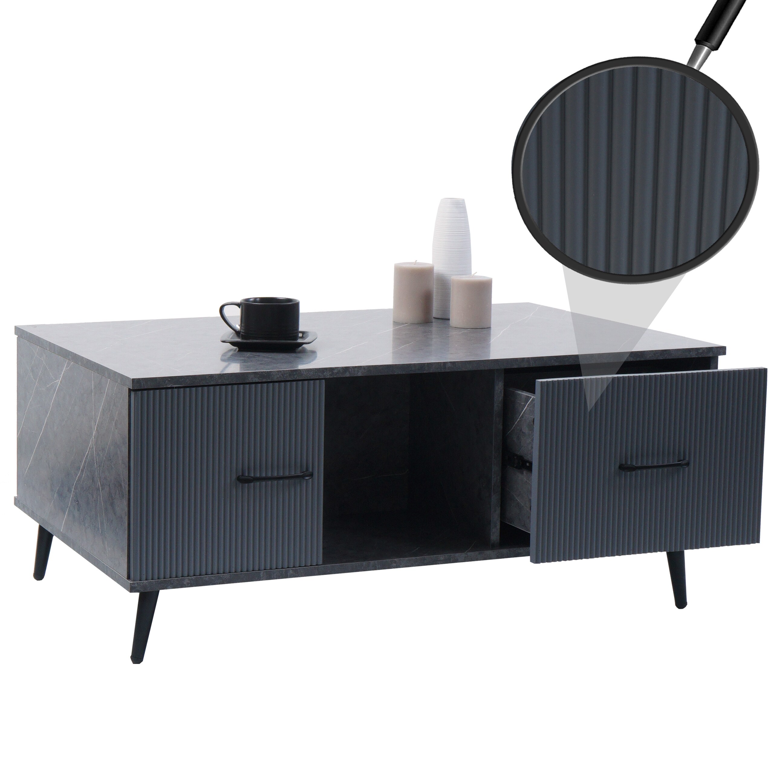 Couchtisch MCW-N89, Beistelltisch Sofatisch, Schubladen T&uuml;ren F&auml;cher Melamin Holz, 43x100x60cm ~ Marmor-Optik grau 