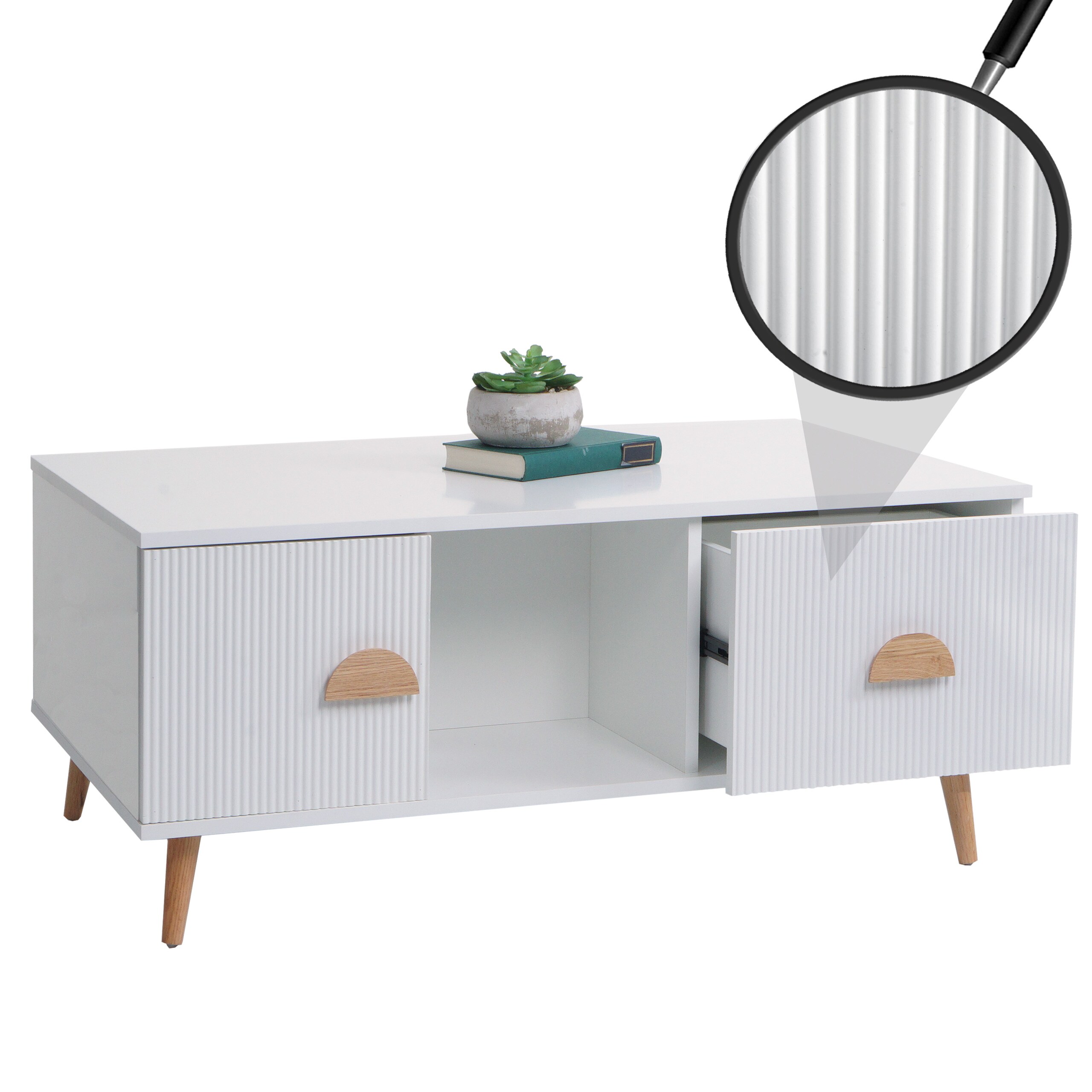 Couchtisch MCW-N89, Beistelltisch Sofatisch, Schubladen T&uuml;ren F&auml;cher 3D-Design Melamin Holz, 43x100x60cm ~ wei&szlig; 