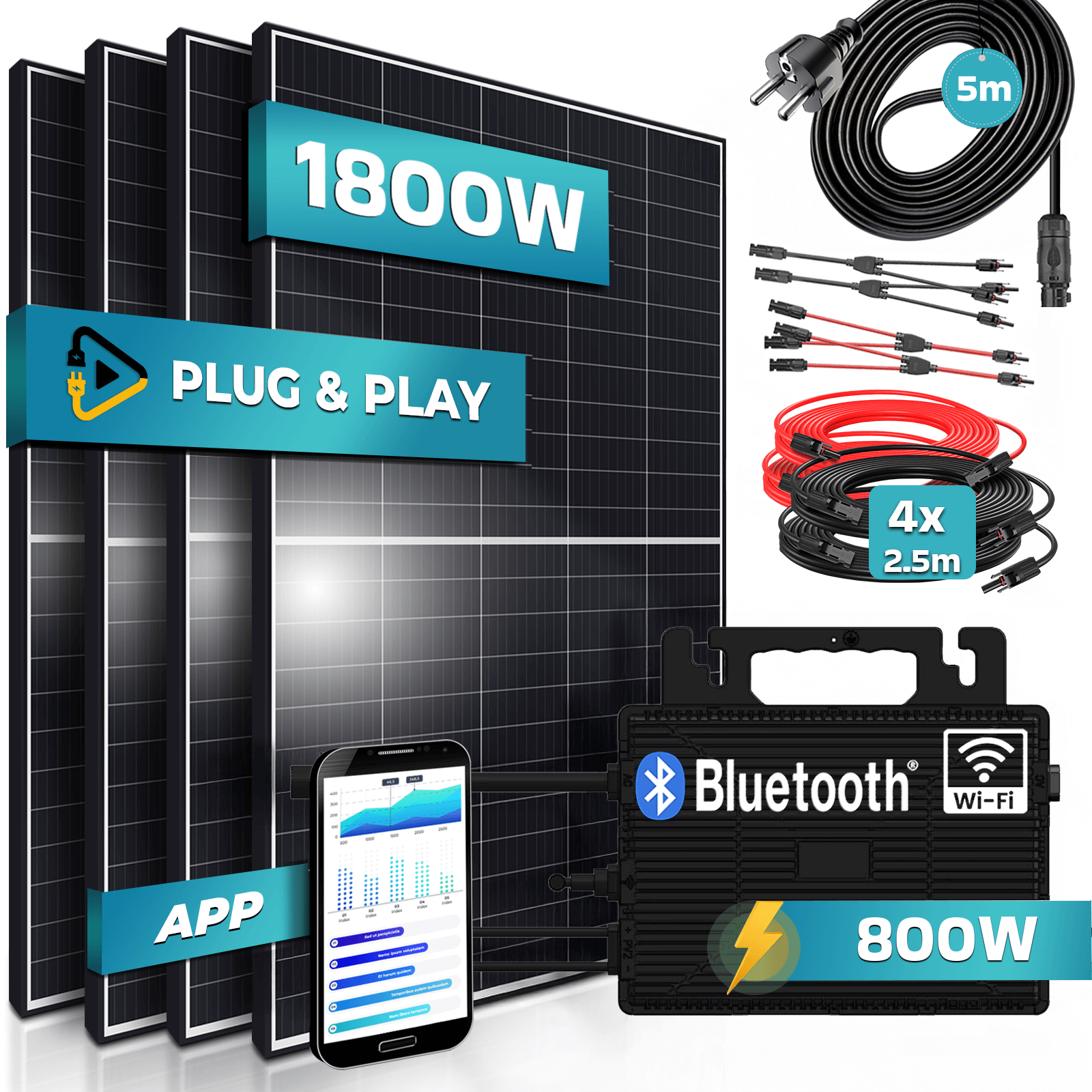 SUNNIVA&reg; 1800W Balkonkraftwerk 800W komplett Steckdose - Astro Energy 800W Wechselrichter - PV Solaranlage Komplettset - 4x 450W (1800W) Solarmodule - inkl. 5m Kabel - Bluetooth, WIFI 