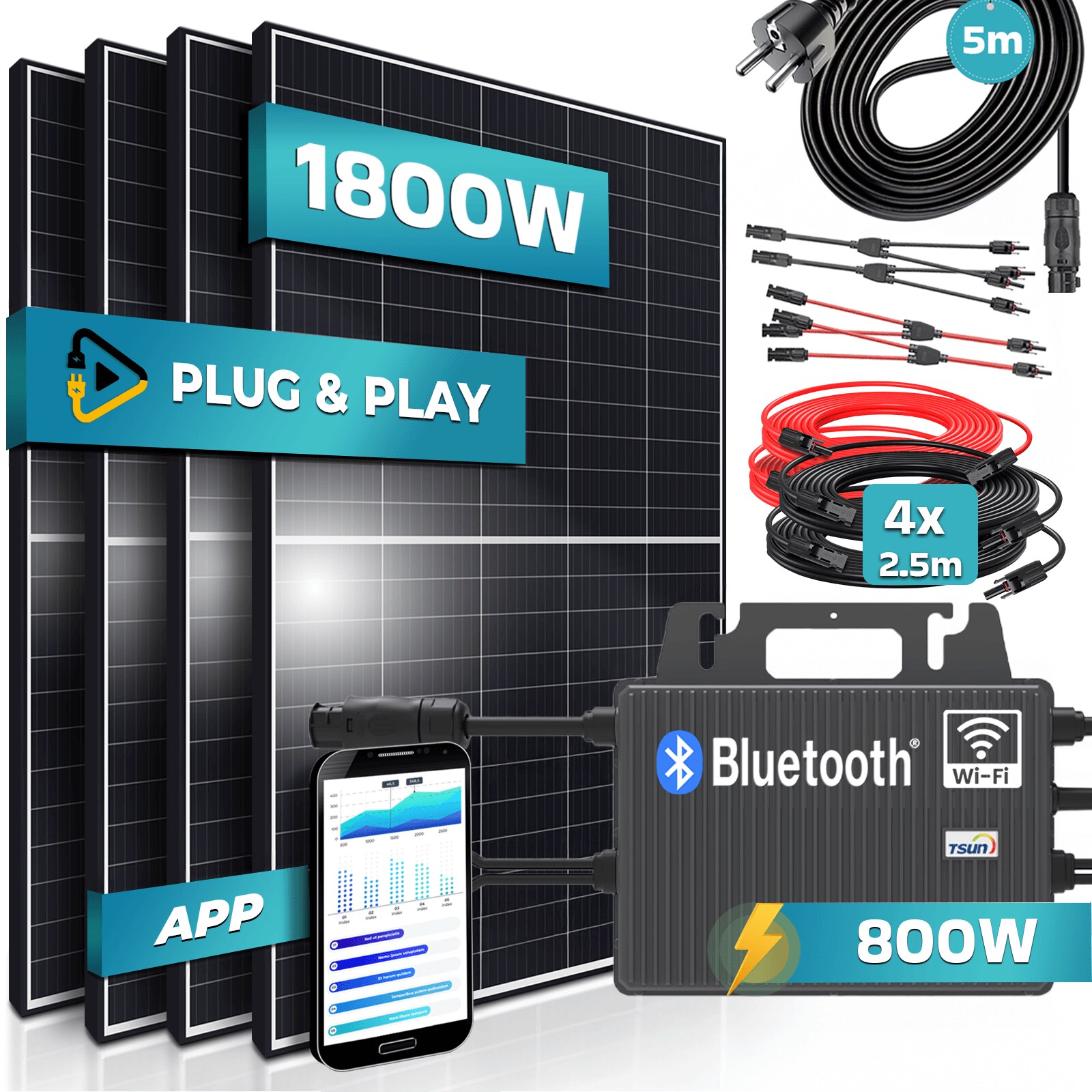 SUNNIVA&reg; 1800W Balkonkraftwerk 800W komplett Steckdose - TSUN 800W Wechselrichter - PV Solaranlage Komplettset - 4x 450W (1800W) Solarmodule - inkl. 5m Kabel - Bluetooth, WIFI 