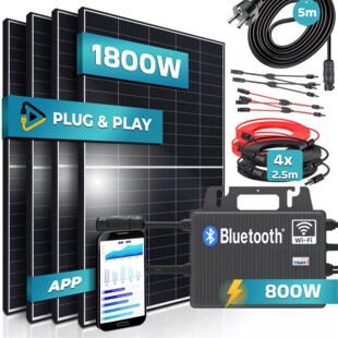 SUNNIVA® 1800W Balkonkraftwerk 800W komplett Steckdose - TSUN 800W Wechselrichter - PV Solaranlage Komplettset - 4x 450W (1800W) Solarmodule - inkl. 5m Kabel - Bluetooth, WIFI 