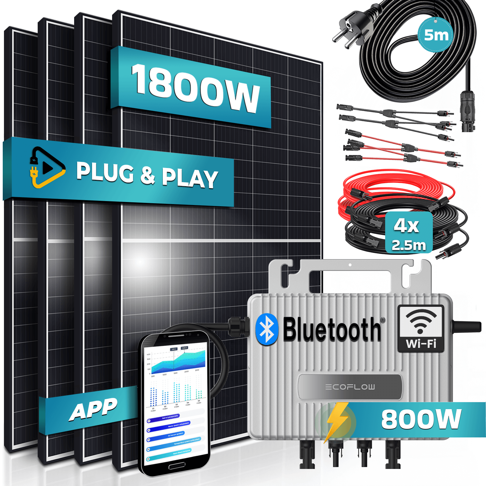SUNNIVA&reg; 1800W Balkonkraftwerk 800W komplett Steckdose - Ecoflow Stream 800W Wechselrichter - PV Solaranlage Komplettset - 4x 450W (1800W) Solarmodule - inkl. 5m Kabel - Bluetooth, WIFI 