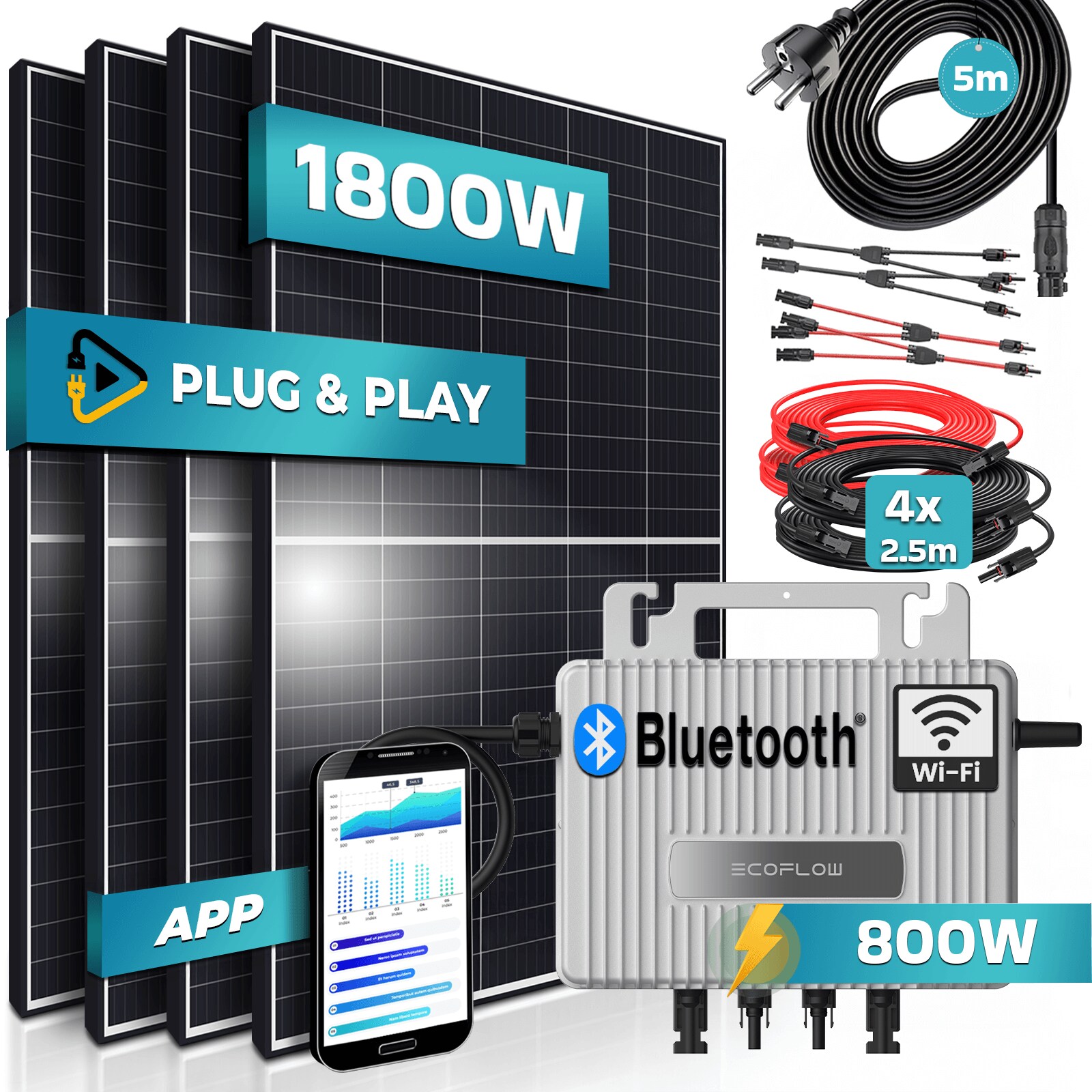 ® 1800W Balkonkraftwerk 800W komplett Steckdose - Ecoflow Stream 800W Wechselrichter - PV Solaranlage Komplettset - 4x 450W (1800W) Solarmodule - inkl. 5m Kabel - Bluetooth, WIFI