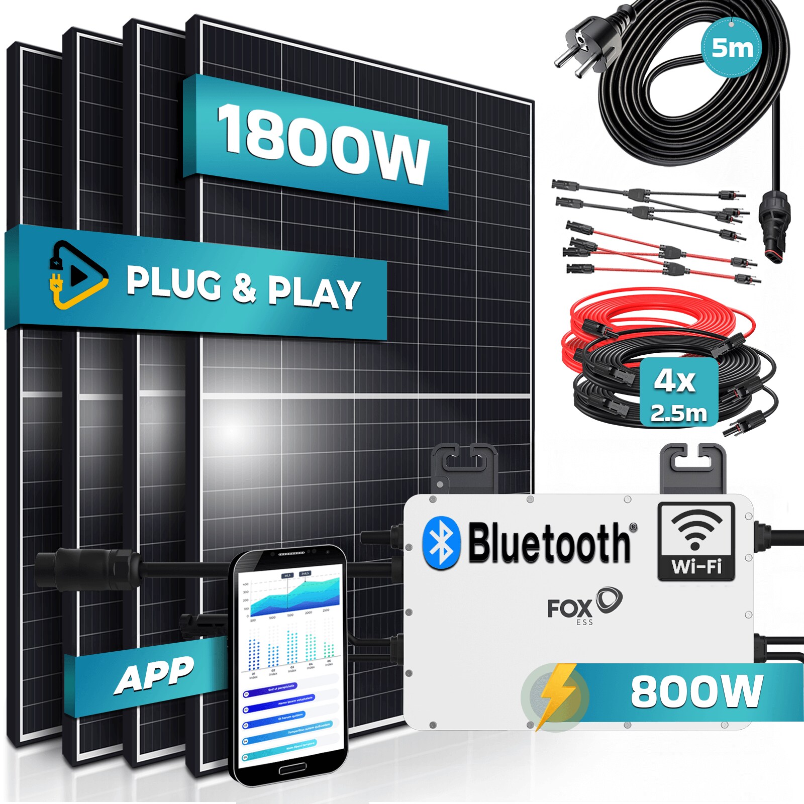 SUNNIVA&reg; 1800W Balkonkraftwerk 800W komplett Steckdose - FOX ESS 800W Wechselrichter - PV Solaranlage Komplettset - 4x 450W (1800W) Solarmodule - inkl. 5m Kabel - Bluetooth, WIFI 