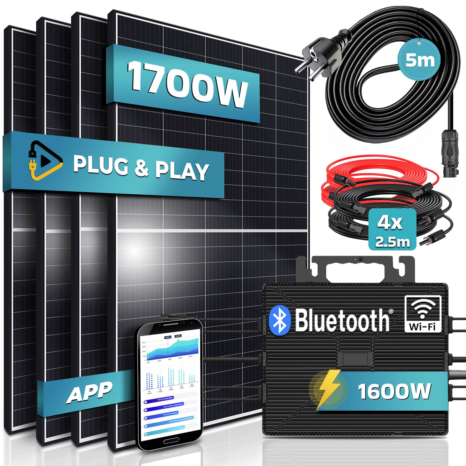 ® 1700W Balkonkraftwerk 1600W komplett Steckdose - Astro Energy 1600W Micro Wechselrichter - PV Solaranlage Komplettset - 4x 425W (1700W) Solarmodule - inkl. 5m Kabel - Bluetooth, WIFI