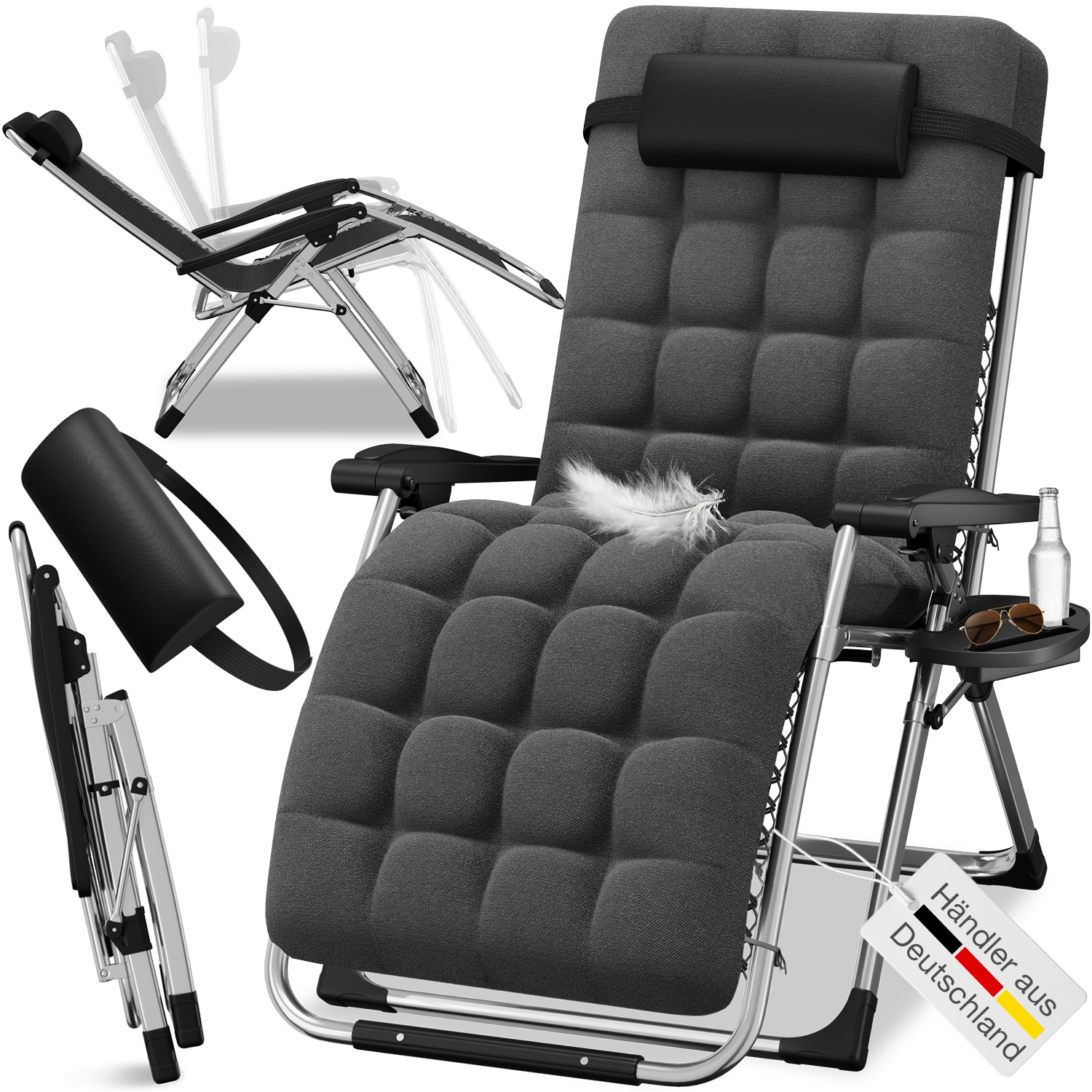 ELONEO Gartenliegestuhl, Sonnenliege klappbar mit extra dicker Auflage inkl. Nackenkissen & Getr&auml;nkehalter, schwarz 