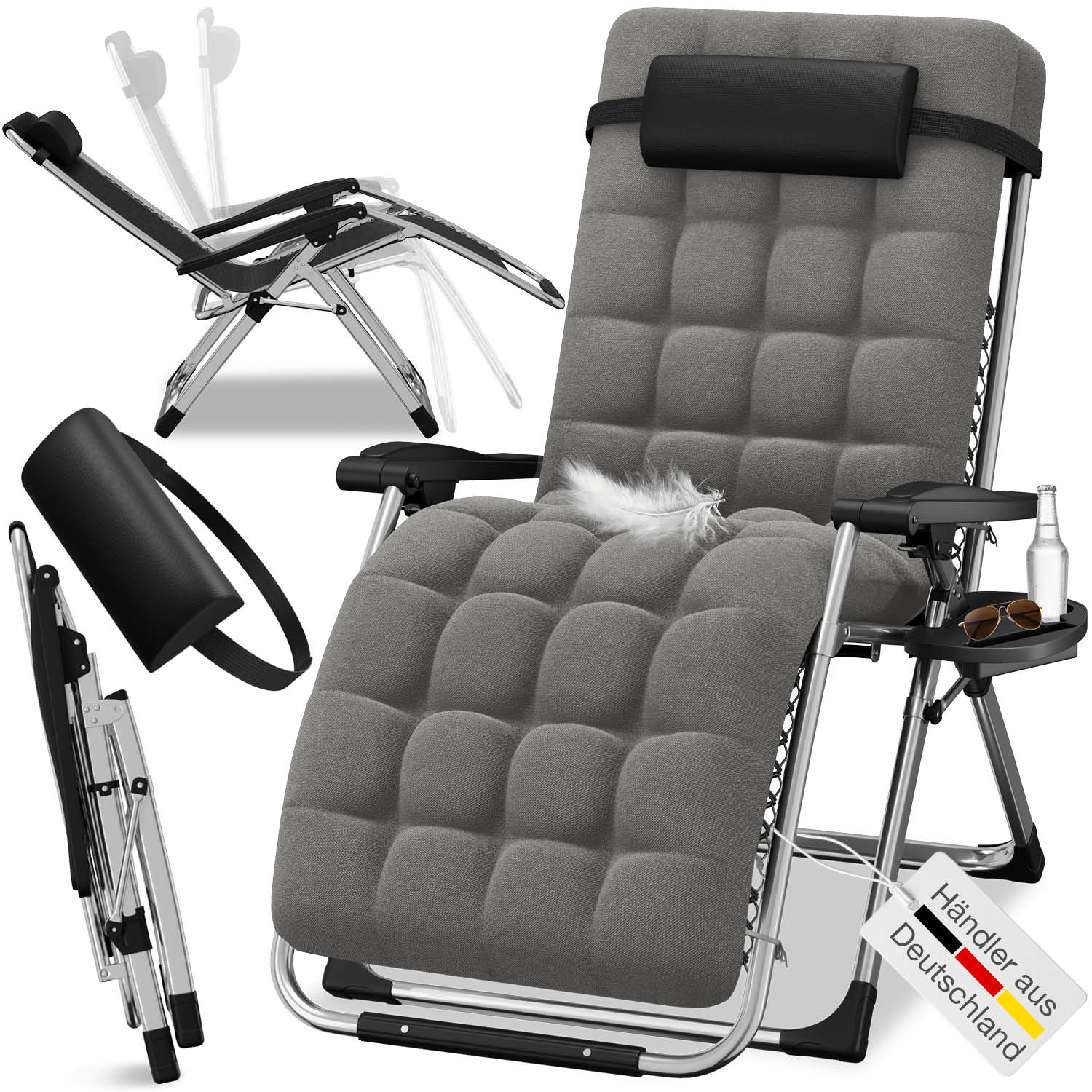 ELONEO Gartenliegestuhl, Sonnenliege klappbar mit extra dicker Auflage inkl. Nackenkissen & Getr&auml;nkehalter, grau 