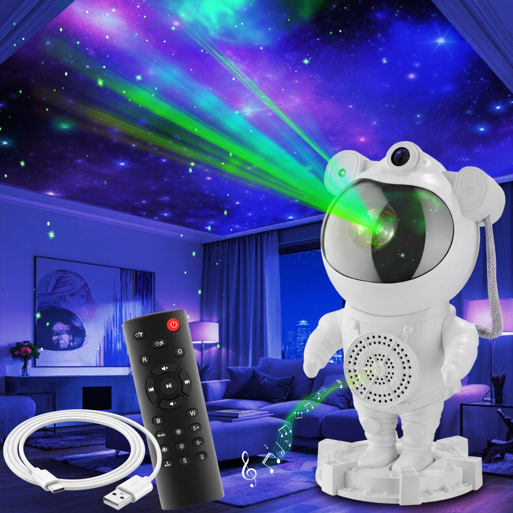 tectake&reg; LED-Sternenhimmel-Projektor, 360&deg; drehbarer Kopf, mit Sternen, Mond und Nebel, 4 RGB-Farben, 5 W, inkl. Stromkabel, Bluetooth- und Music-Funktion mit 8 Sounds sowie Timer 