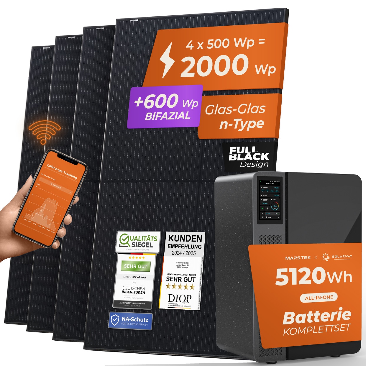 Solarway&reg; All In One Balkonkraftwerk mit Speicher 2000W komplett Steckdose - 5,1 kWh Marstek Jupiter E Speicher - Solaranlage Komplettset - 500W bifaziale Solarmodule & Marstek Speicher 