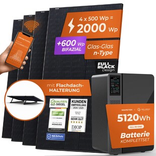 Solarway® All In One Balkonkraftwerk mit Speicher 2000W komplett Steckdose - 5,1 kWh Marstek Jupiter E Speicher - Solaranlage Komplettset - 500W bifaziale Solarmodule & Marstek Speicher 