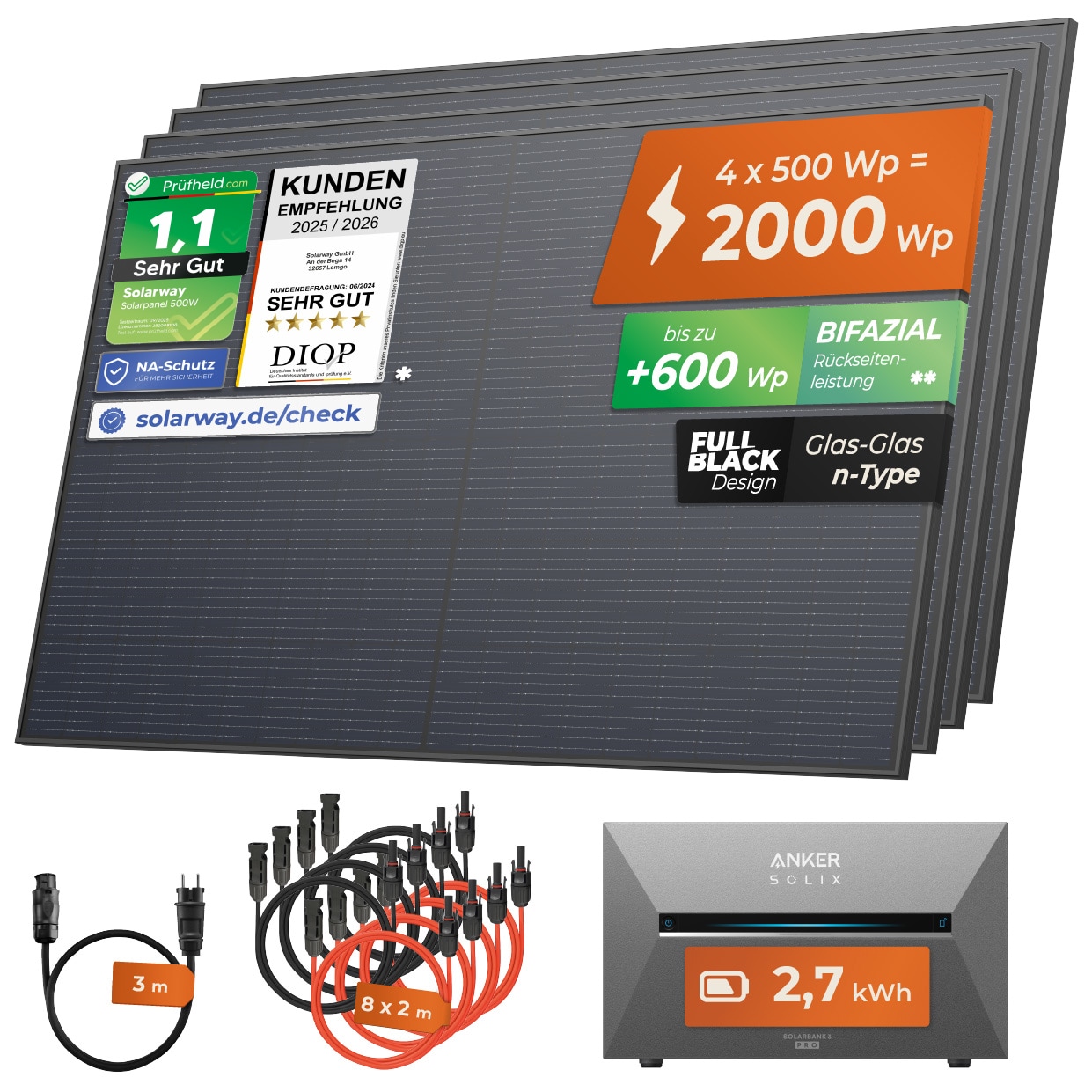 Solarway&reg; All In One Balkonkraftwerk mit Speicher 2000W komplett Steckdose - 2,7 kWh Anker Solix 3 PRO Speicher - Solaranlage Komplettset - 500W bifaziale Solarmodule & Anker Speicher & Zubeh&ouml;r 
