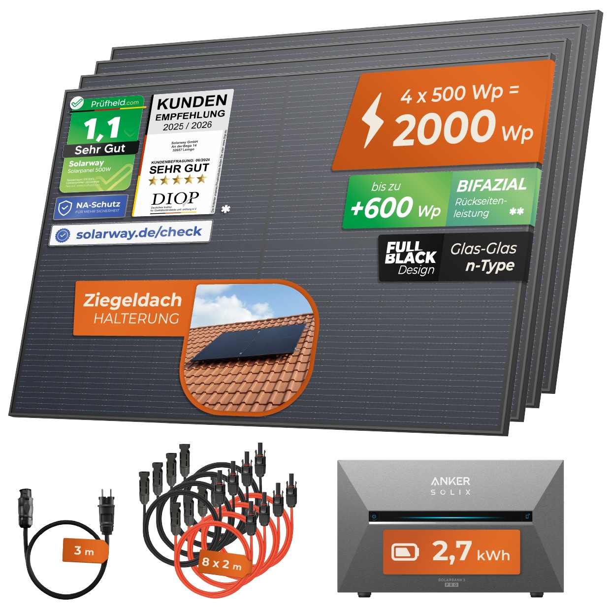 Solarway&reg; All In One Balkonkraftwerk mit Speicher 2000W komplett Steckdose - 2,7 kWh Anker Solix 3 PRO Speicher - Solaranlage Komplettset - 500W bifaziale Solarmodule & Anker Speicher & Zubeh&ouml;r 