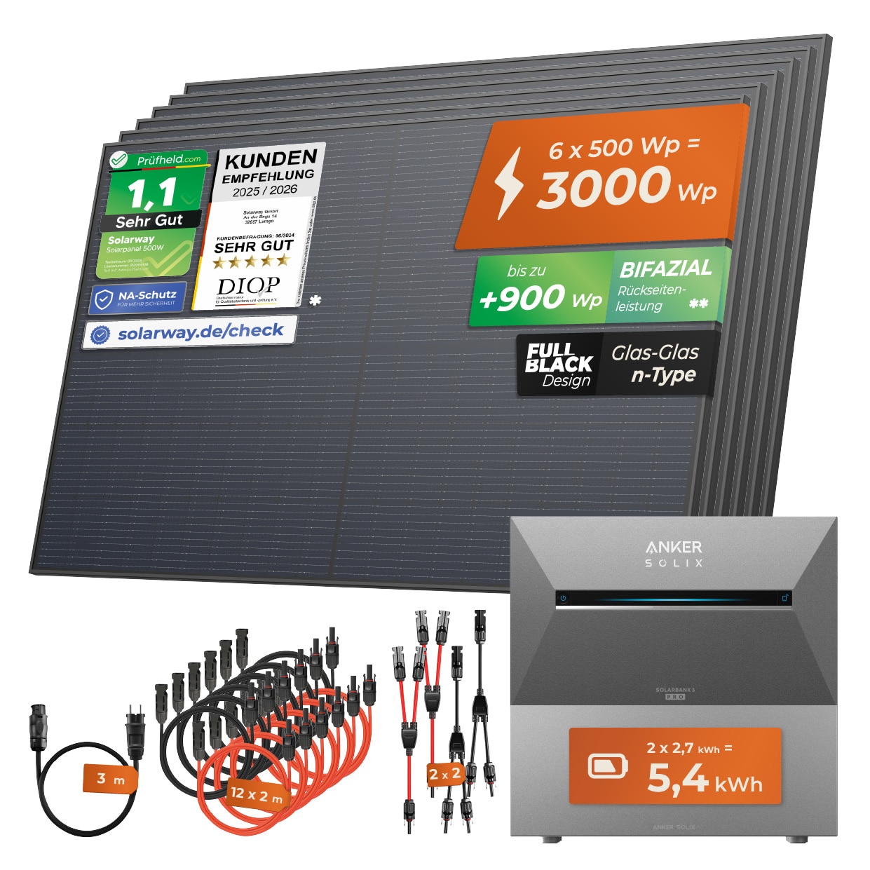 Solarway&reg; All In One Balkonkraftwerk mit Speicher 3000W komplett Steckdose - 5,4 kWh Anker SOLIX 3 PRO Speicher - Solaranlage Komplettset - 500W bifaziale Solarmodule & Anker Speicher & Zubeh&ouml;r 