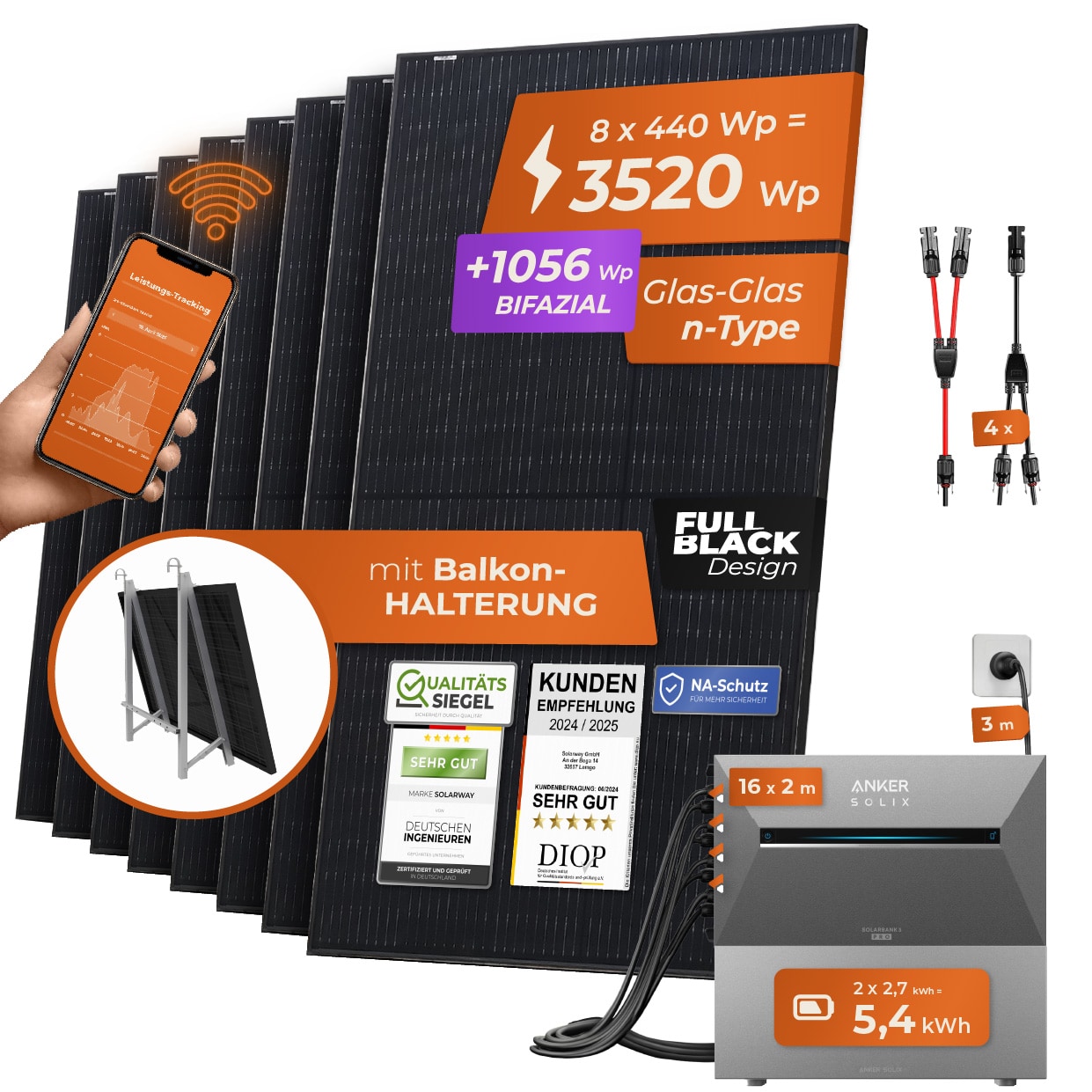 Solarway&reg; All In One Balkonkraftwerk mit Speicher 3560W komplett Steckdose - 5,4 kWh Anker SOLIX 3 PRO Speicher - Solaranlage Komplettset - 445W bifaziale Solarmodule & Anker Speicher & Zubeh&ouml;r 