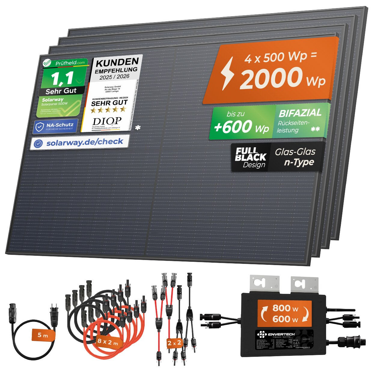 Solarway&reg; Balkonkraftwerk 2000W / 800W komplett Steckdose - neuester 800W Wechselrichter - Solaranlage Komplettset - 500W bifaziale Solarmodule & Envertech & Zubeh&ouml;r 