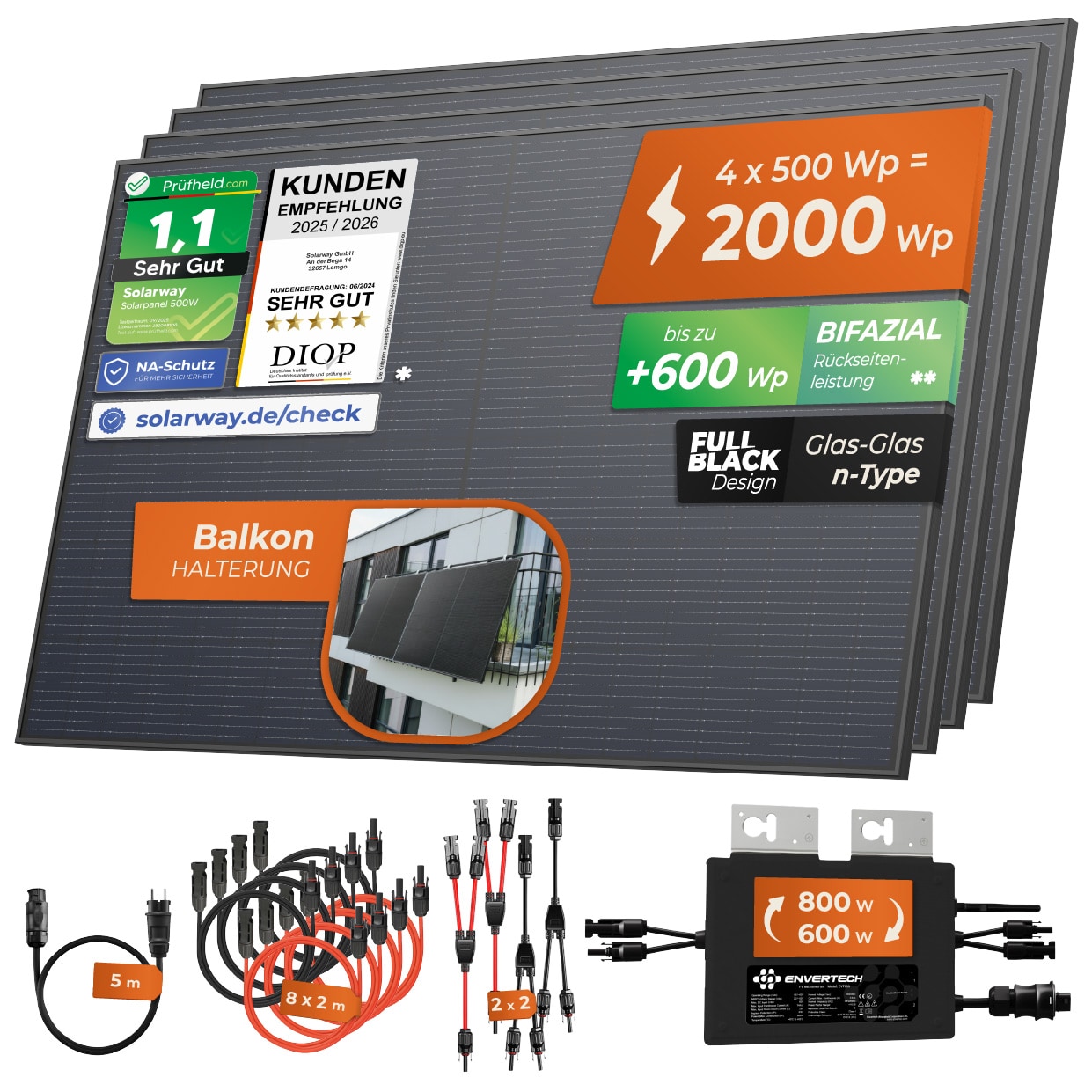 Solarway&reg; Balkonkraftwerk 2000W / 800W komplett Steckdose - neuester 800W Wechselrichter - Solaranlage Komplettset - 500W bifaziale Solarmodule & Envertech & Zubeh&ouml;r 
