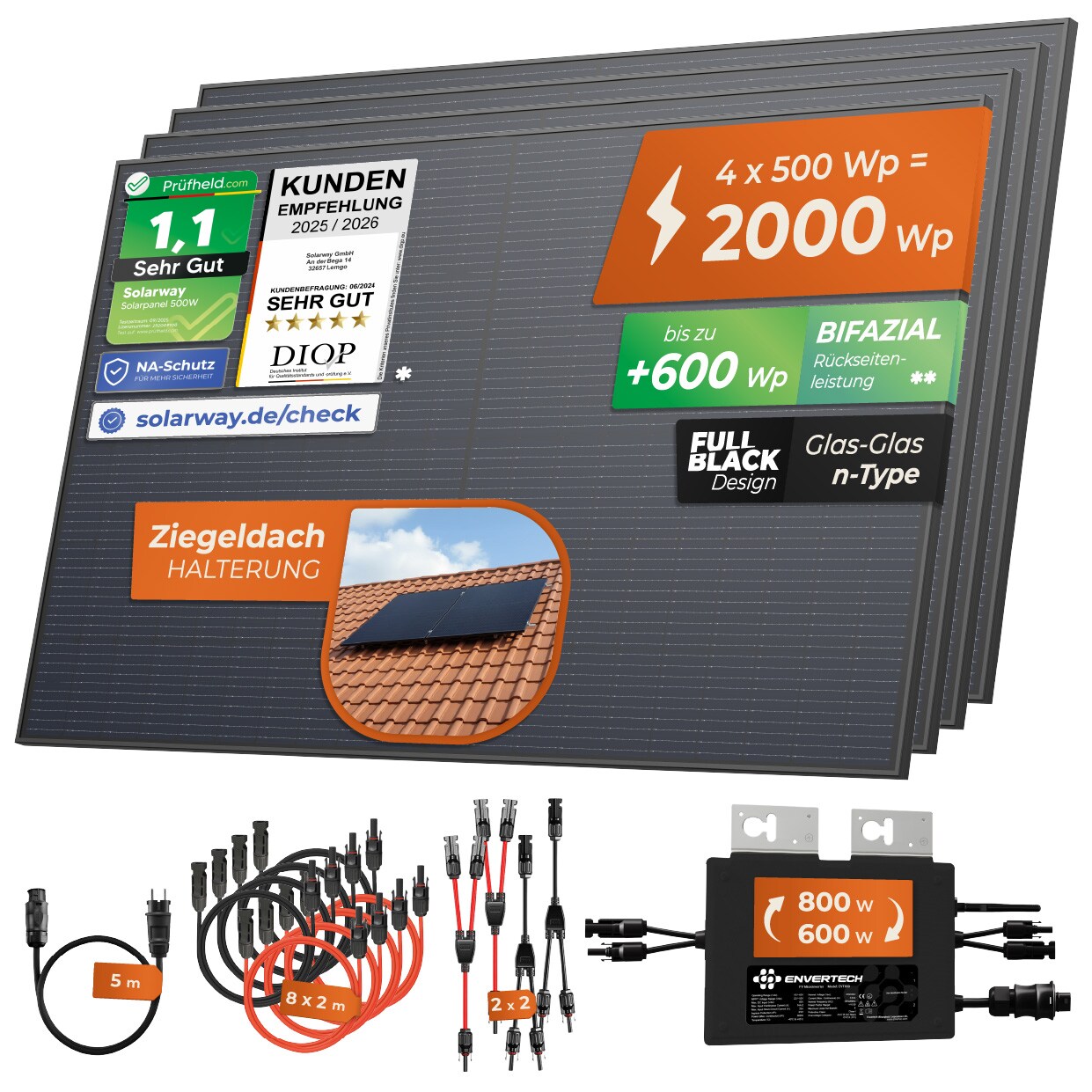 Solarway&reg; Balkonkraftwerk 2000W / 800W komplett Steckdose - neuester 800W Wechselrichter - Solaranlage Komplettset - 500W bifaziale Solarmodule & Envertech & Zubeh&ouml;r 