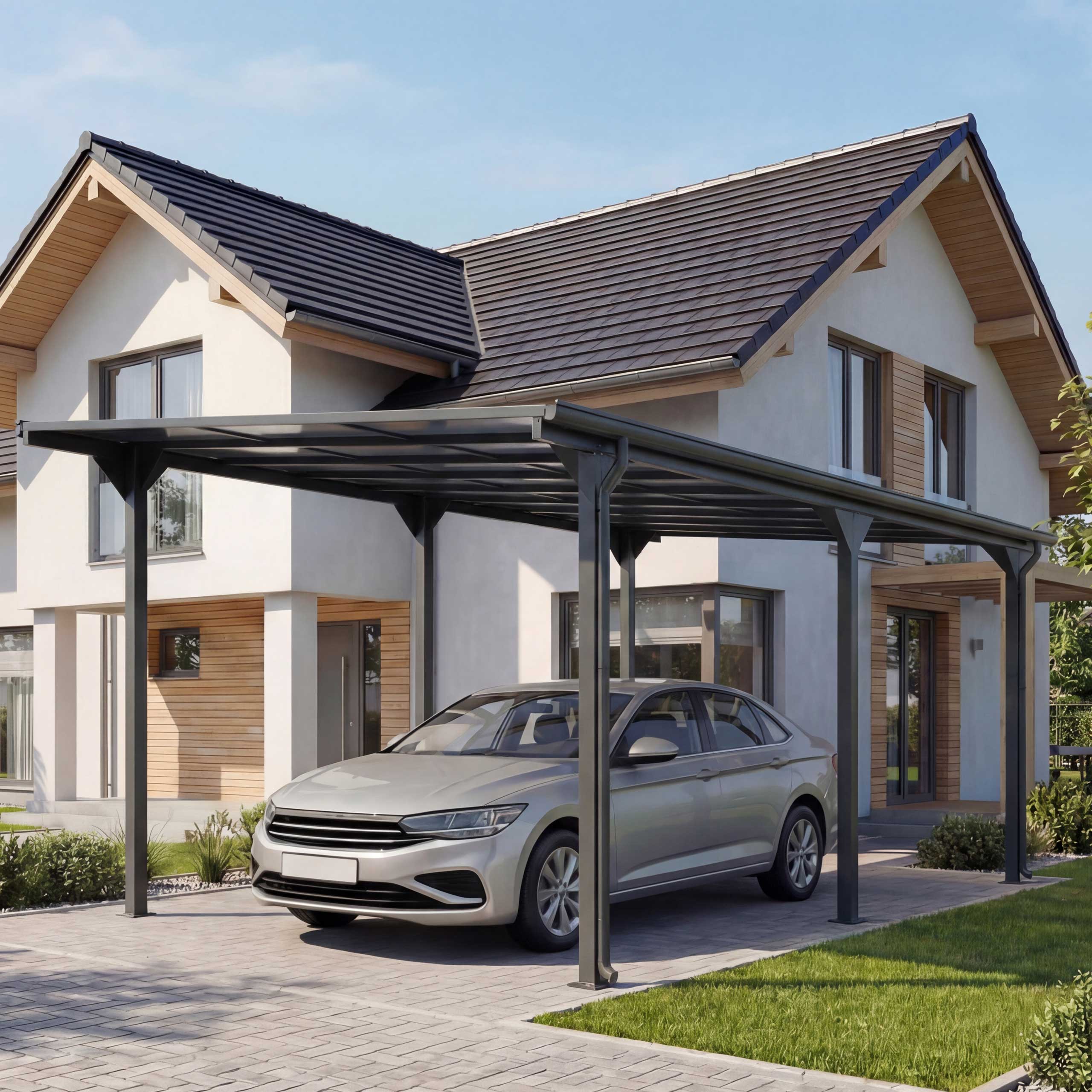 Alu-Carport MCW-O23, Auto&uuml;berdachung Garage Unterstand, 10cm-Gestell Polycarbonat-Dach Regenrinne, 3x6m ~ anthrazit 