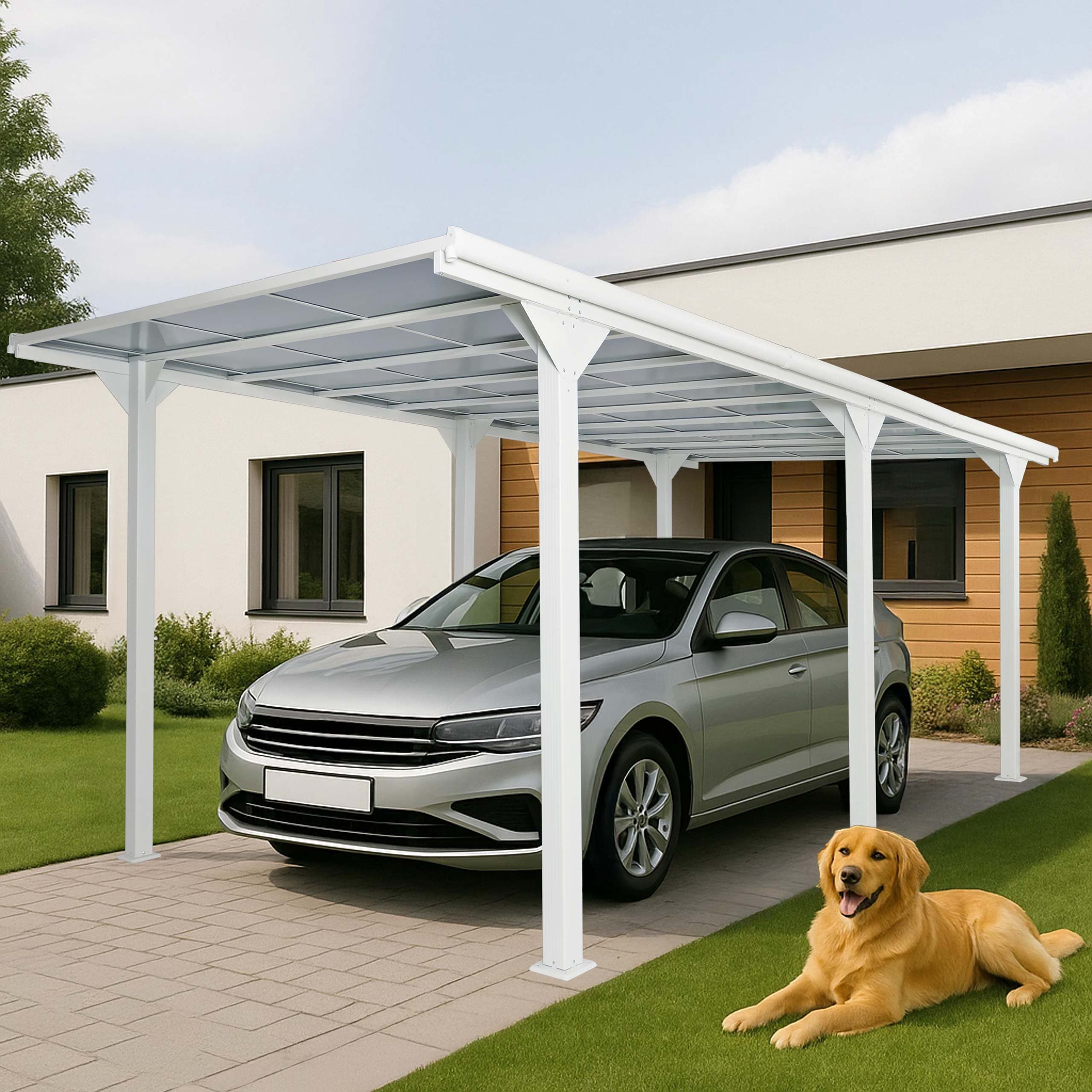 Alu-Carport MCW-O23, Auto&uuml;berdachung Garage Unterstand, 10cm-Gestell Polycarbonat-Dach Regenrinne, 3x6m ~ wei&szlig; 