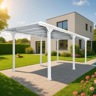 Alu-Pergola MCW-O23, Pavillon Terrassenüberdachung, stabiles 10cm-Gestell Polycarbonat-Dach Regenrinne 3x6m ~ weiß 