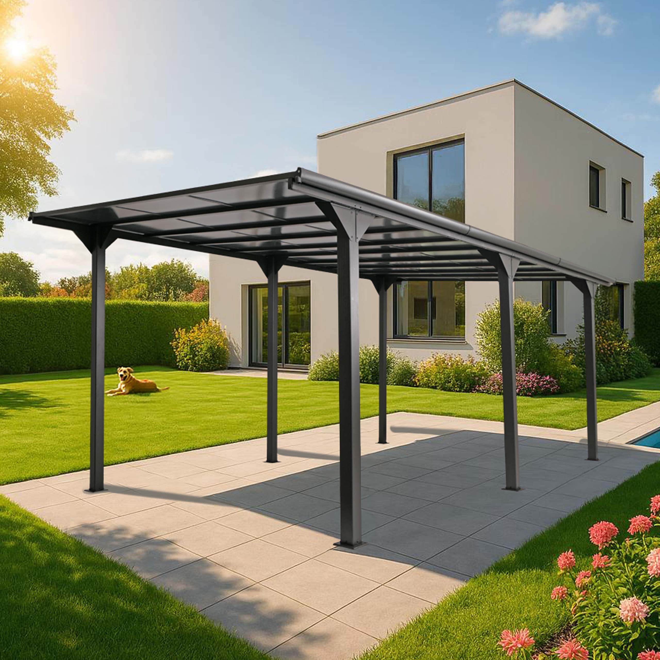 Alu-Pergola MCW-O23, Pavillon Terrassen&uuml;berdachung, stabiles 10cm-Gestell Polycarbonat-Dach Regenrinne 3x6m ~ anthrazit 