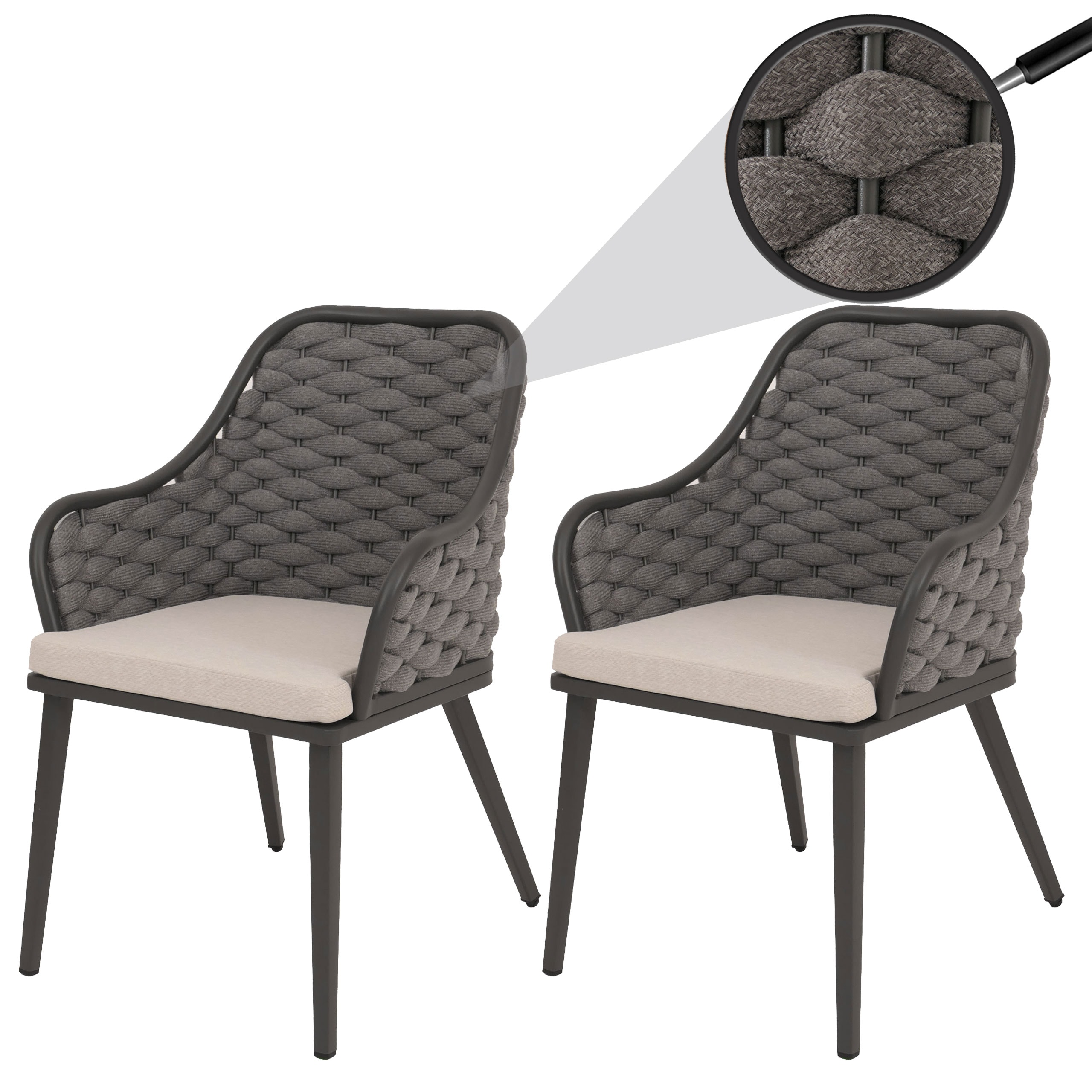 2er-Set Aluminium-Gartenstuhl MCW-O16, Outdoor Stuhl Armlehne, Olefin Seilgeflecht Rope ~ anthrazit Kissen taupe 