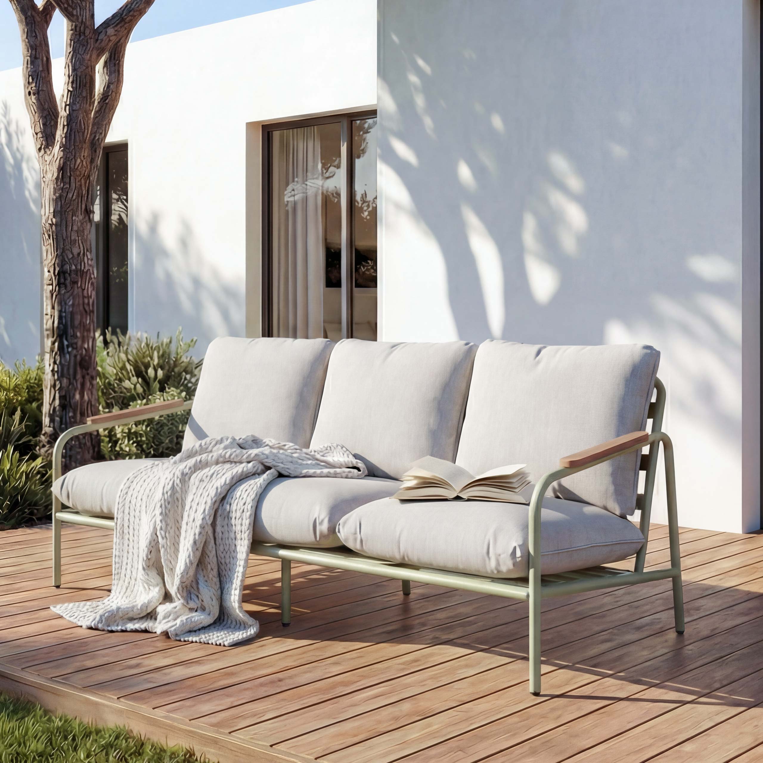 Aluminium-Gartenbank MCW-O11, Outdoor 3-Sitzer Sitzbank Sofa, Olefin Stoff (205 g/m&sup2;) 184cm ~ hellgr&uuml;n Polster beige 