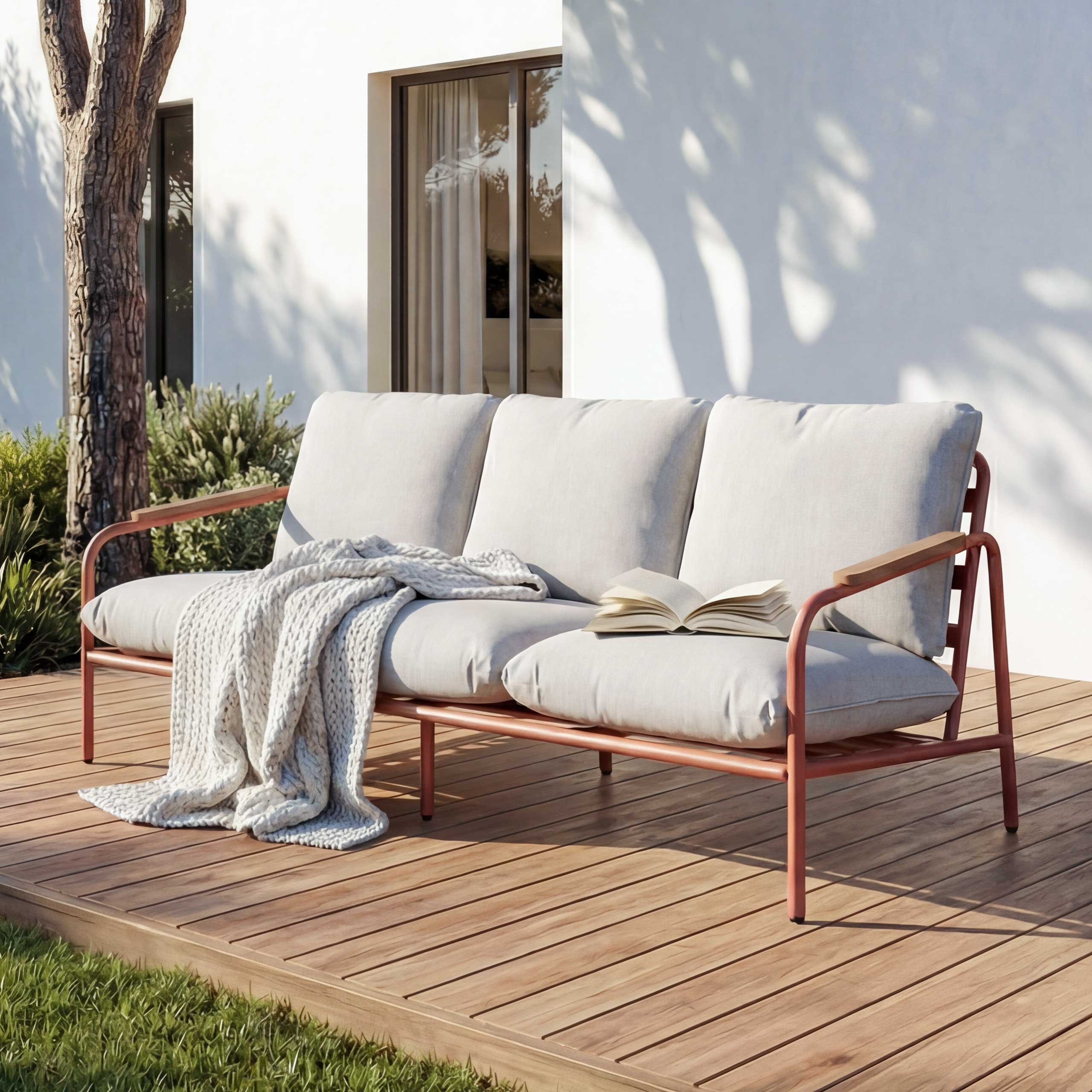 Aluminium-Gartenbank MCW-O11, Outdoor 3-Sitzer Sitzbank Sofa, Olefin Stoff (205 g/m&sup2;) 184cm ~ terrakotta Polster beige 