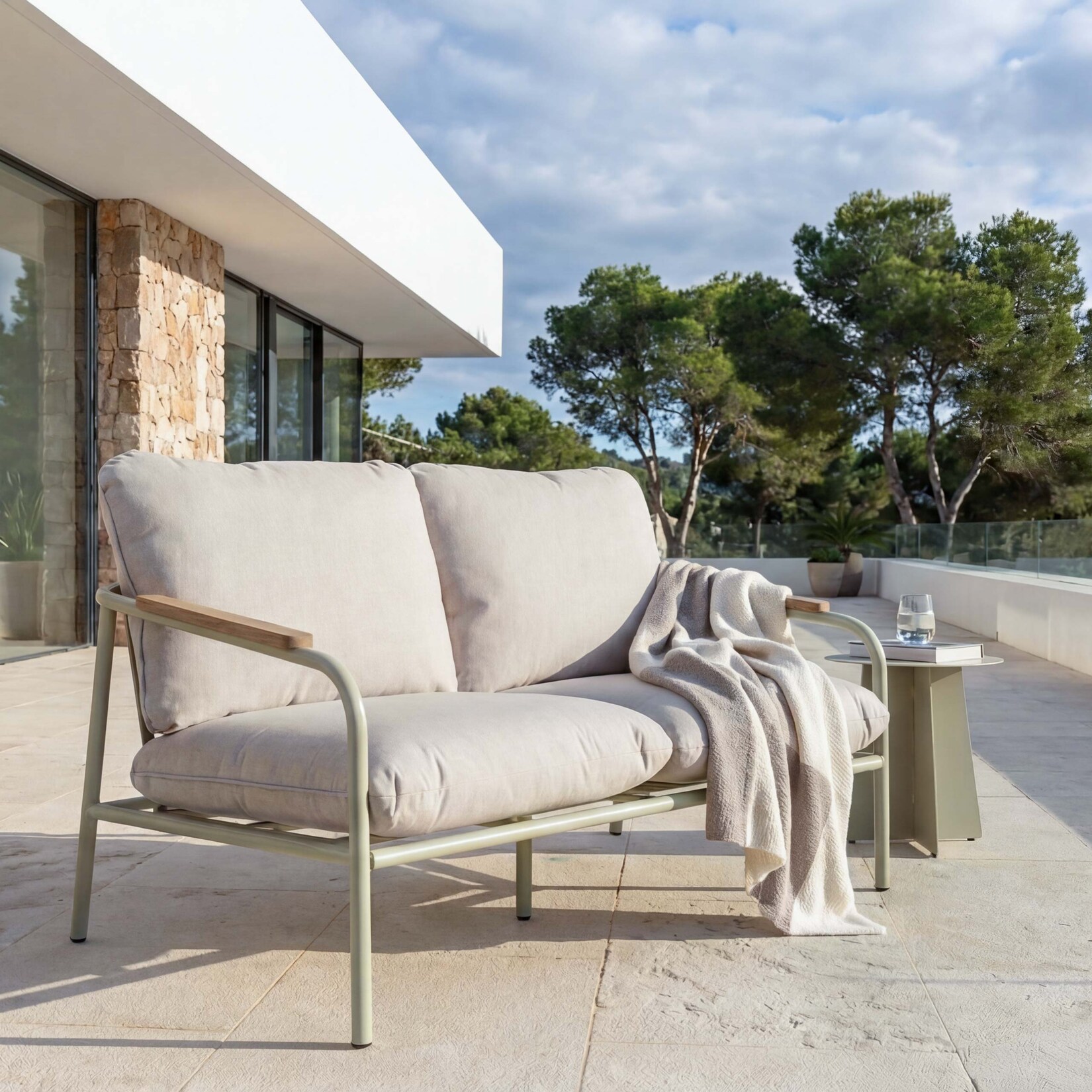 Aluminium-Gartenbank -O11, Outdoor 2-Sitzer Sitzbank Sofa, Olefin Stoff (/m²) 125cm ~ hellgrün Polster beige